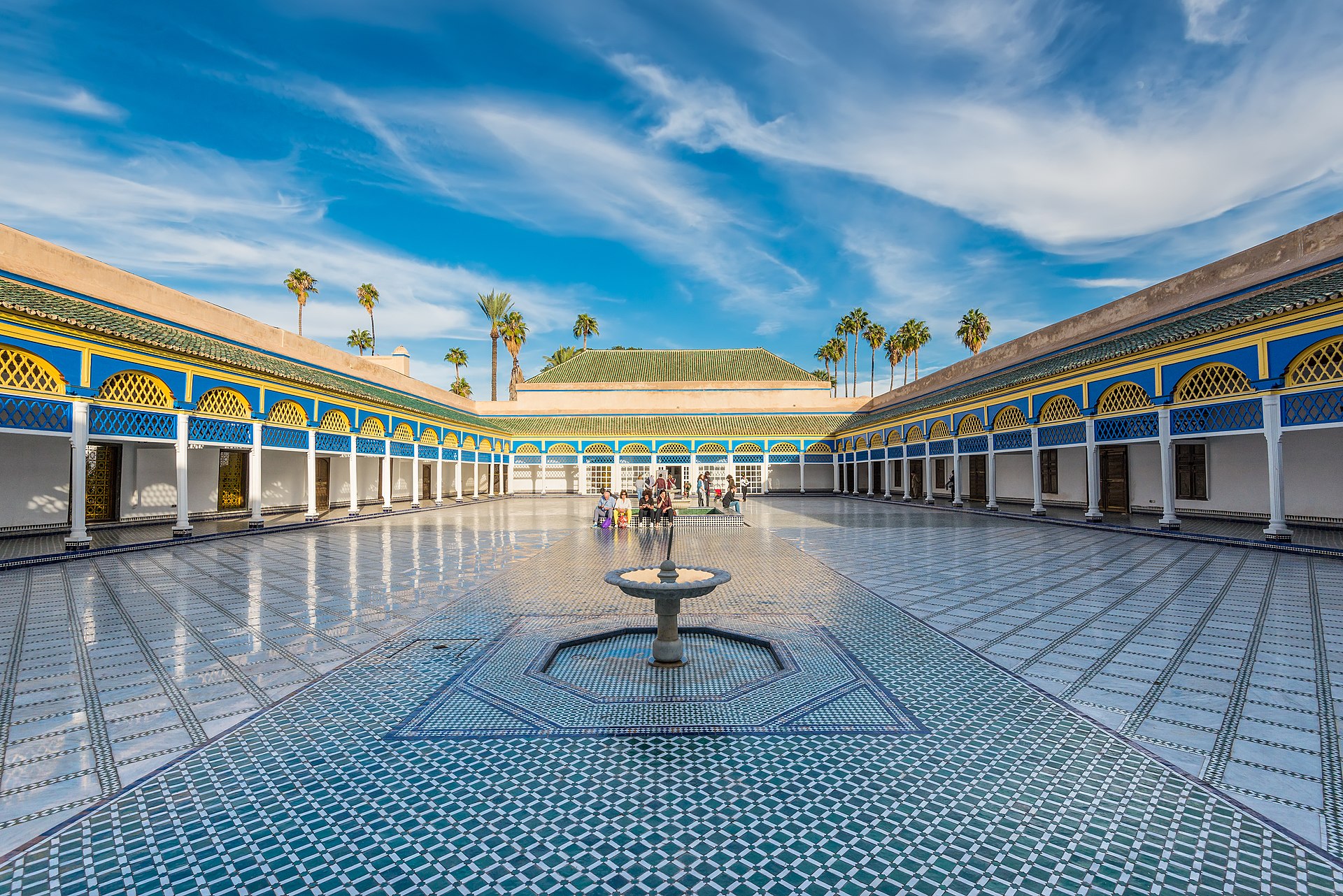 Ornate courtyard of Bahia Palace in Marrakech with zellige tilework
