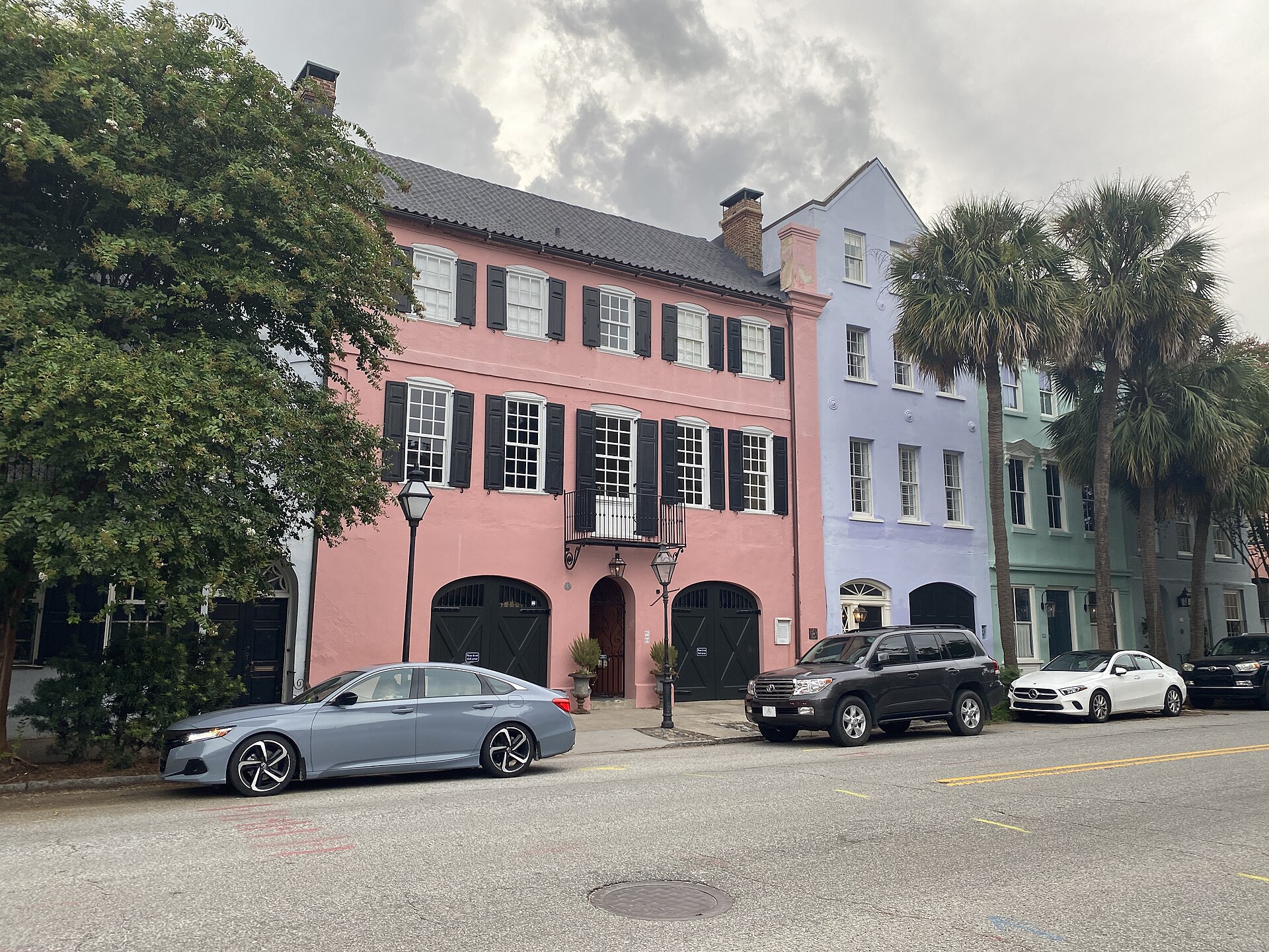 Rainbow Row pastel-colored historic houses along East Bay Street in Charleston