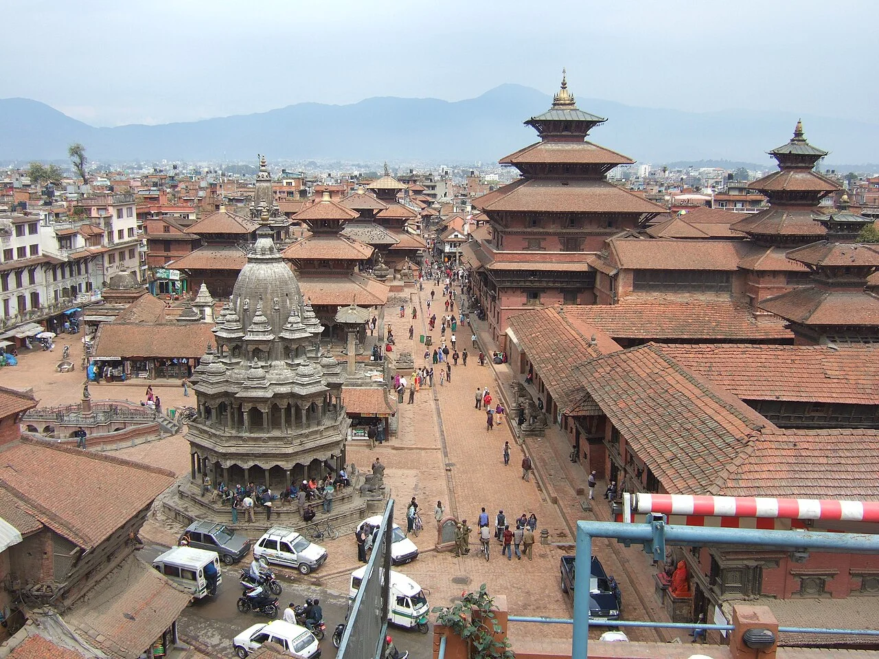 Aerial view of Patan Durbar Square showing temple pagodas and royal palace courtyards in Nepal