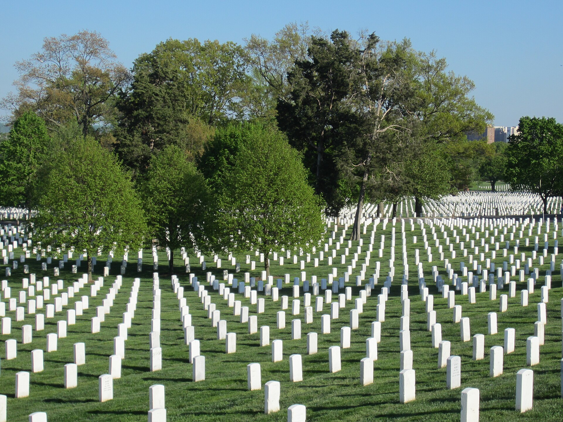 Rows of white headstones at Arlington National Cemetery in Virginia