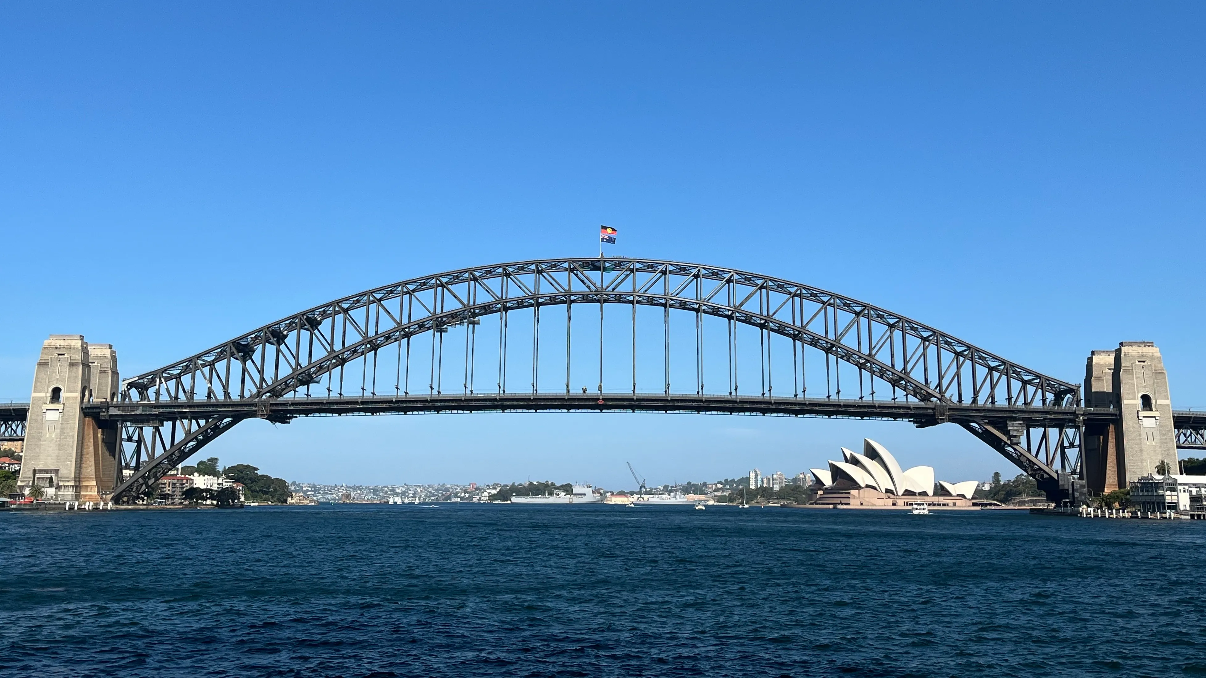 Sydney Harbour Bridge arch spanning the harbour with the city skyline in the background