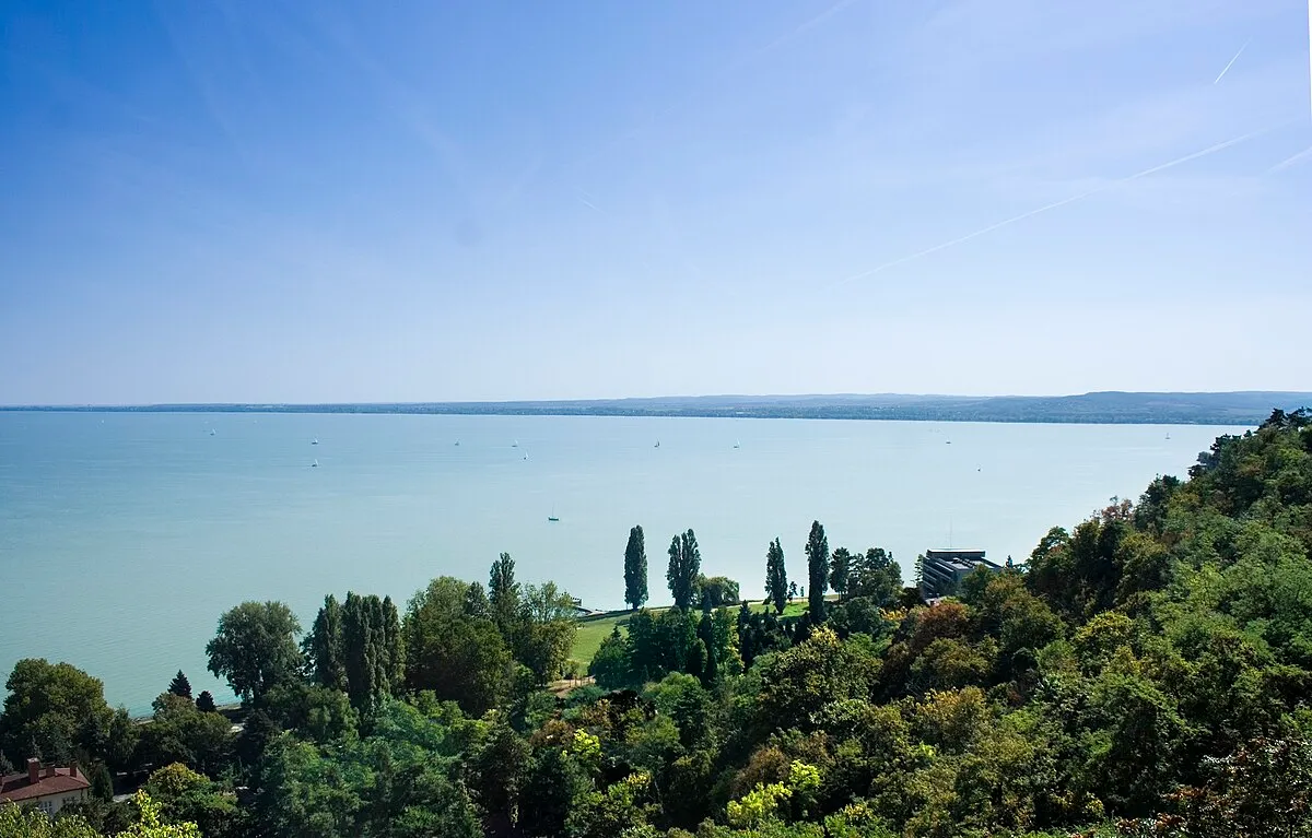 Lake Balaton seen from the Tihany Peninsula, Hungary, showing the calm waters and distant shore