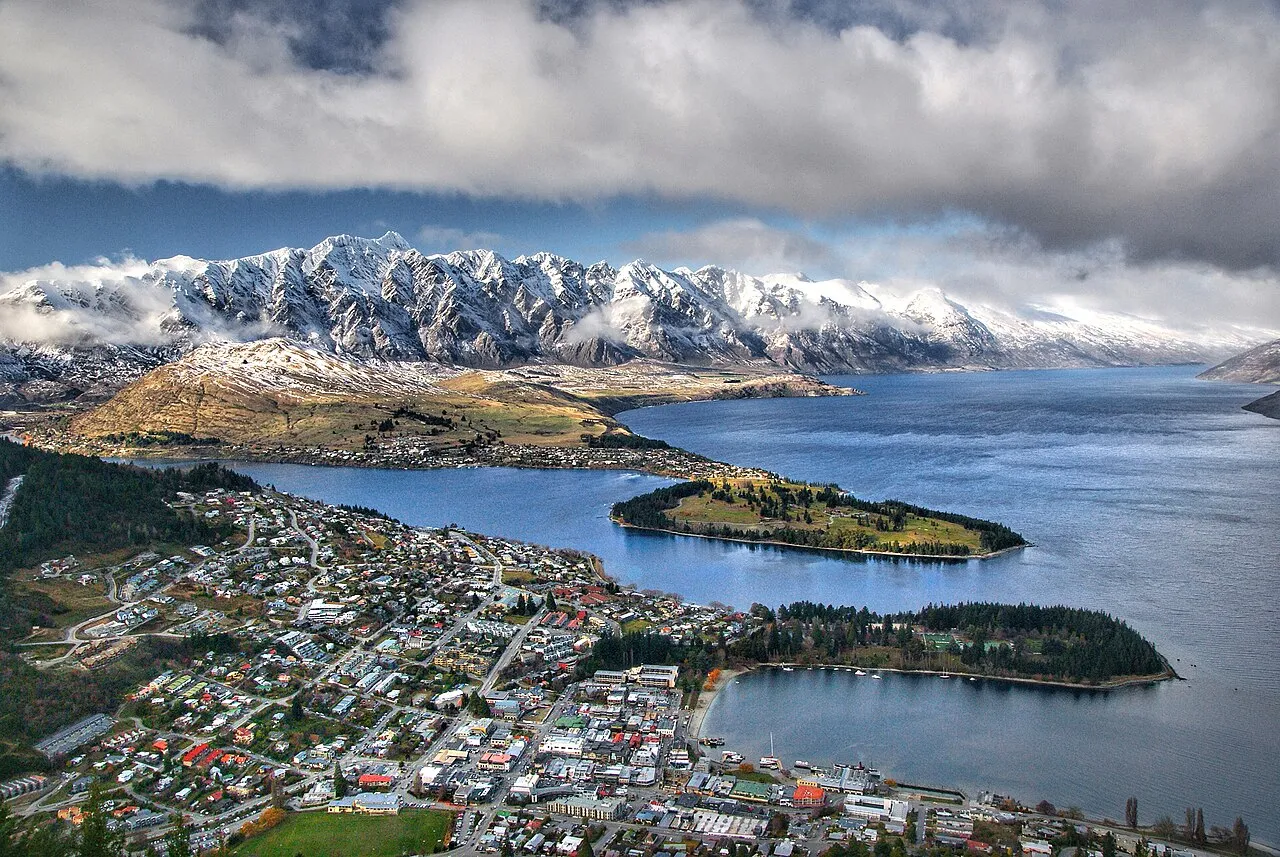 View from Queenstown Hill summit looking over Lake Wakatipu and the town of Queenstown, New Zealand