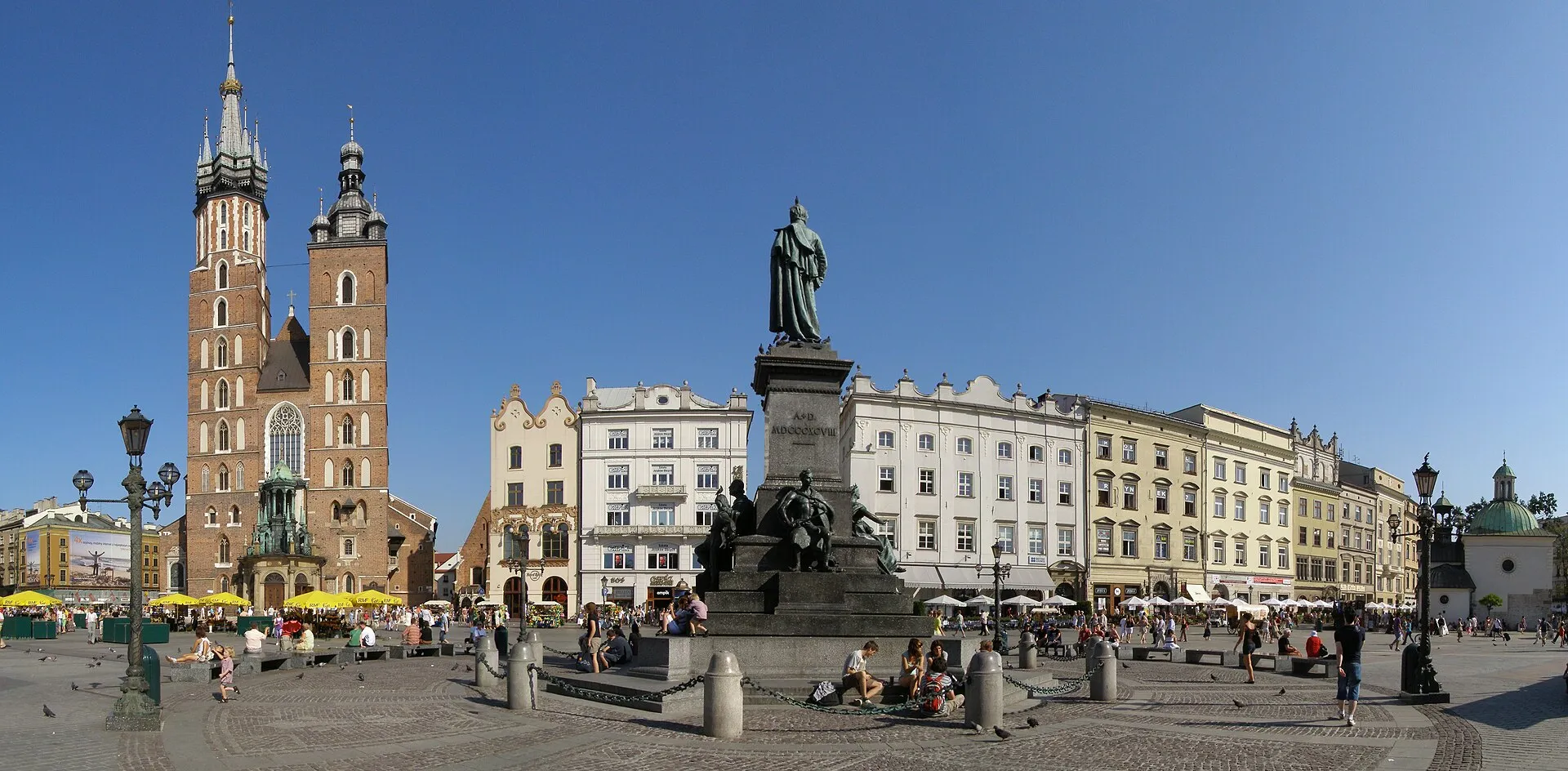 Panoramic view of Kraków's Main Market Square with the Cloth Hall and St Mary's Basilica