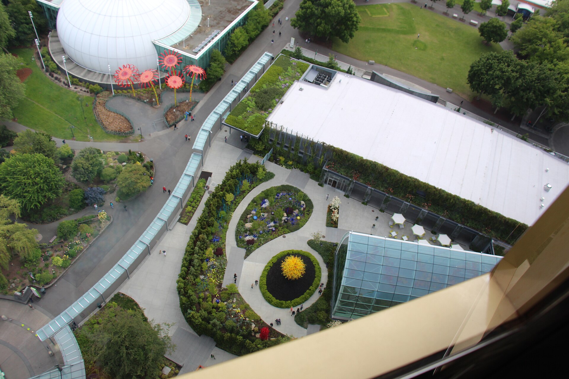 Chihuly Garden and Glass museum viewed from the Space Needle in Seattle