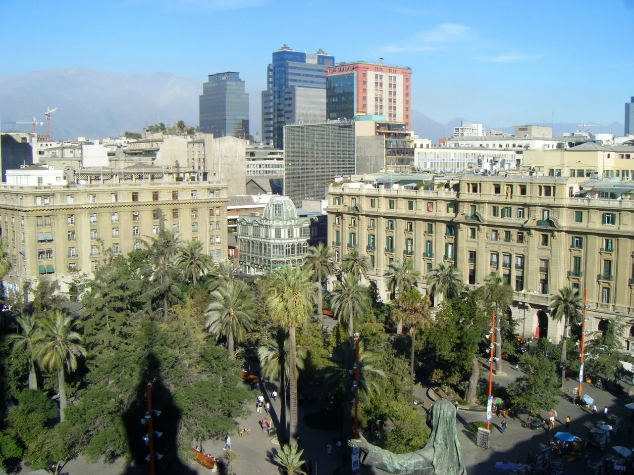 Panoramic view of Plaza de Armas in Santiago de Chile with the Metropolitan Cathedral and surrounding buildings