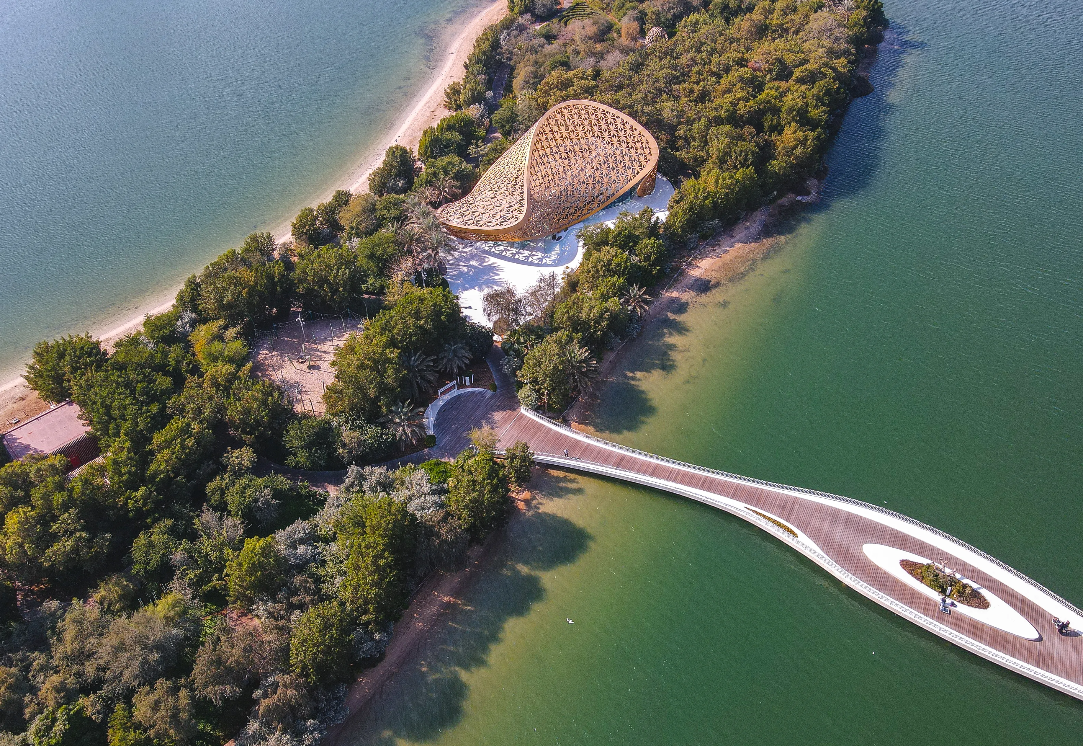 Aerial view of Al Noor Island and its butterfly-shaped pavilion in Khalid Lagoon, Sharjah