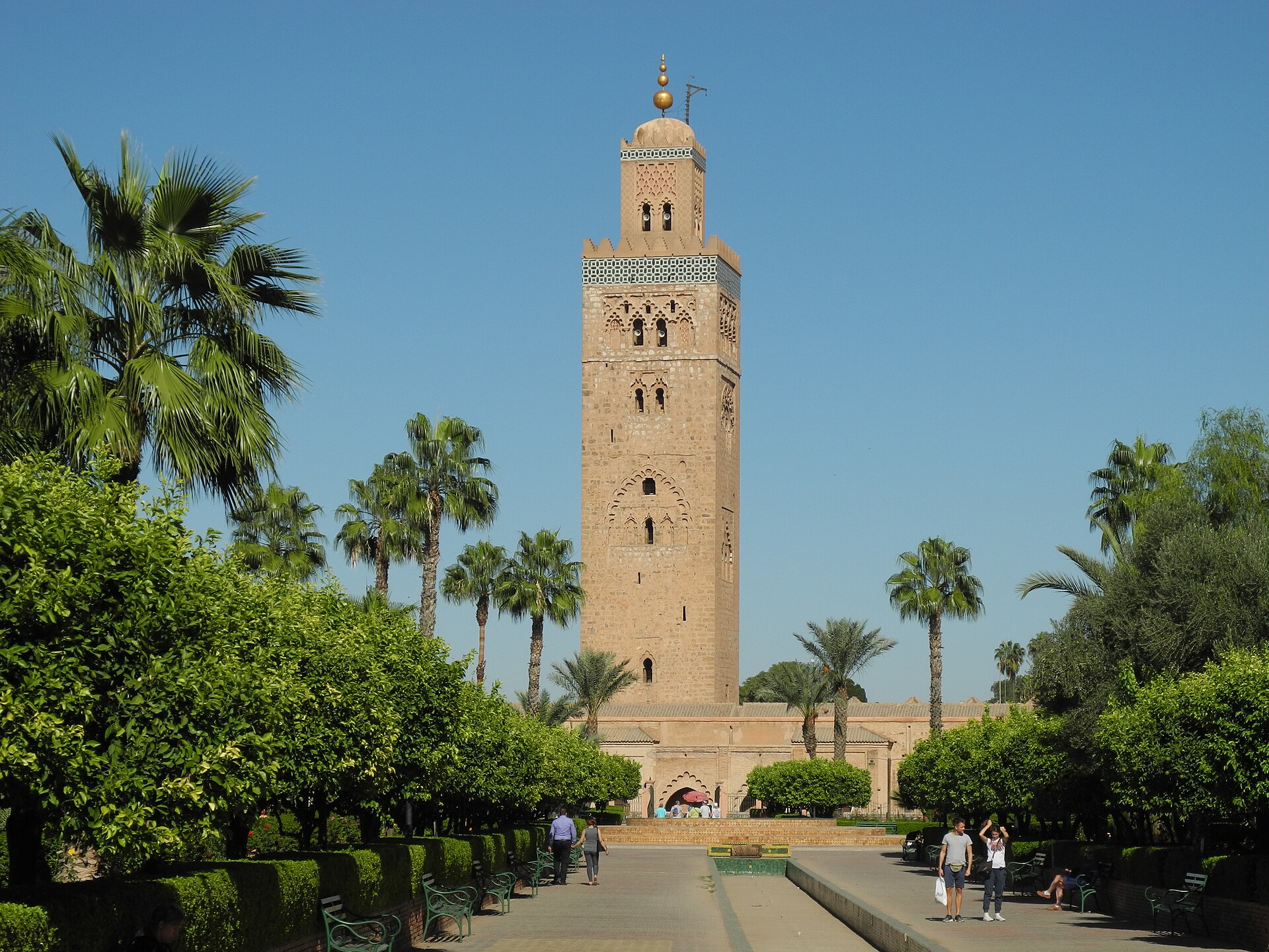 View of Marrakech with the Koutoubia Mosque minaret and Atlas Mountains