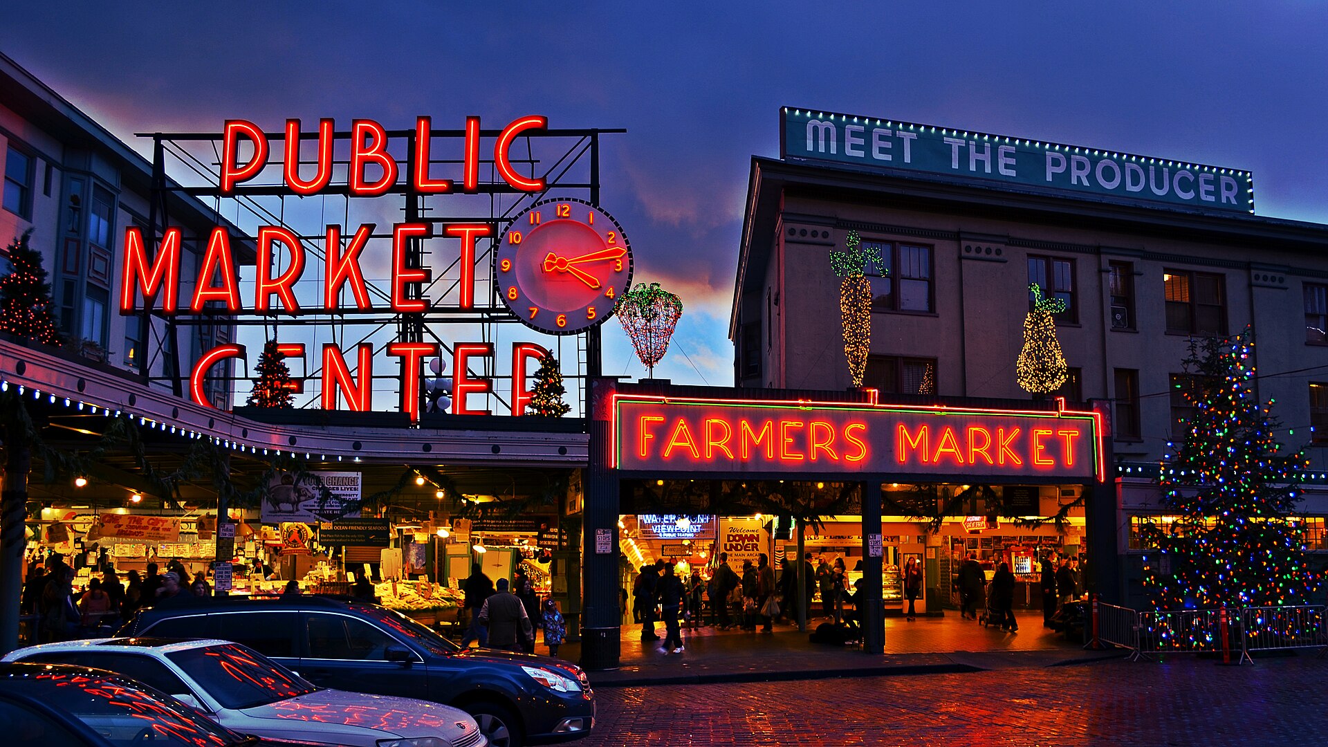 The iconic Pike Place Market Public Market Center sign in Seattle