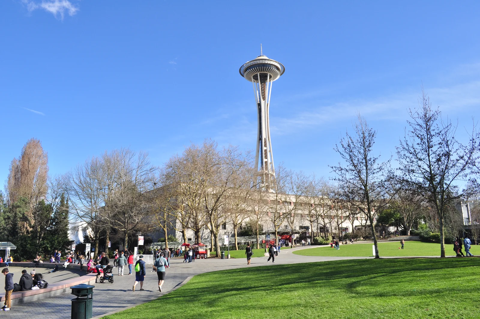 The Space Needle rising behind the low Armory building on the Seattle Center campus