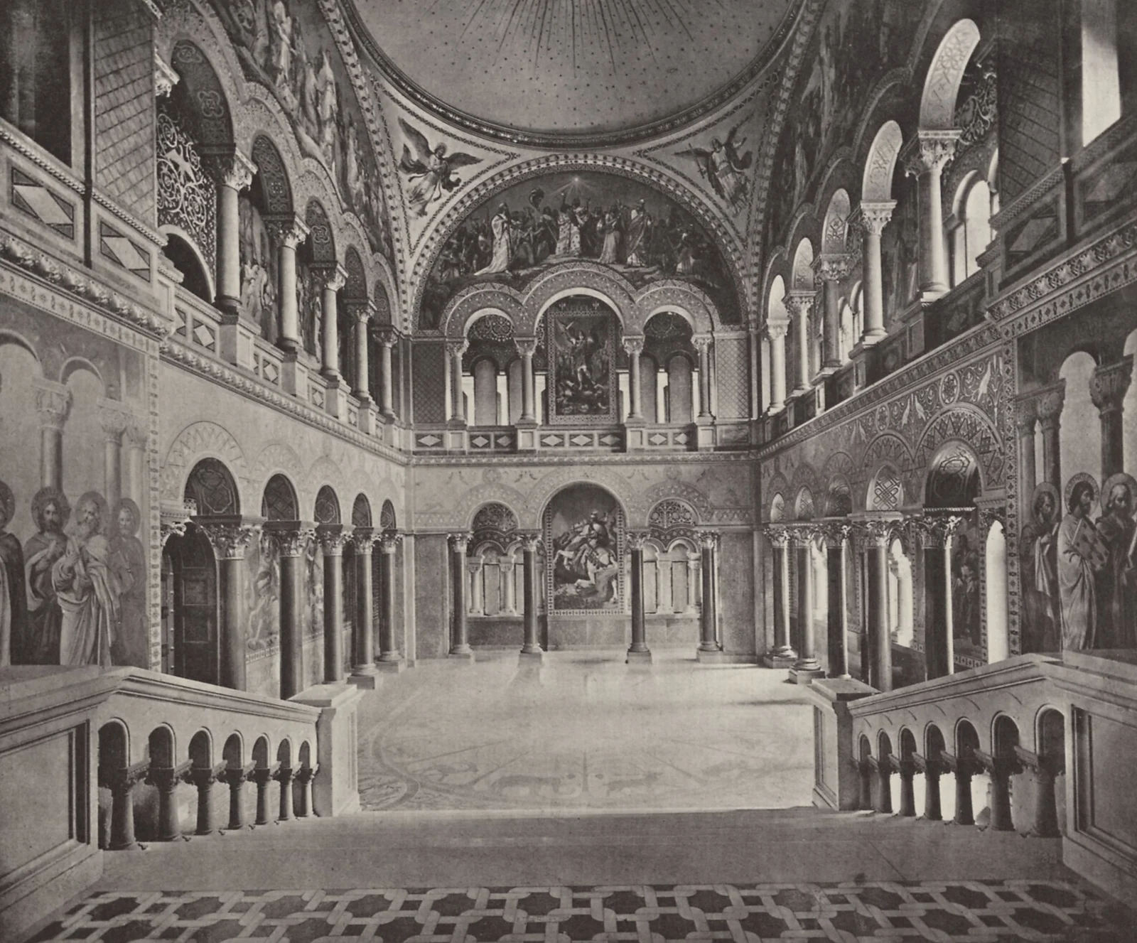 The Singers' Hall at Neuschwanstein lined with Parsifal murals beneath a coffered wooden ceiling