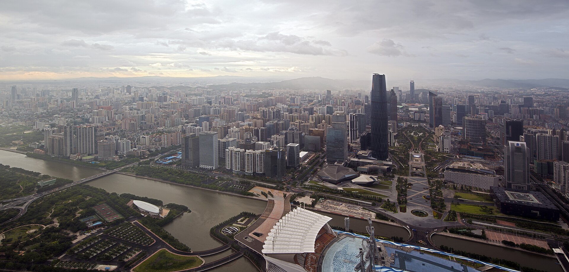 Guangzhou skyline at dusk with Canton Tower along the Pearl River
