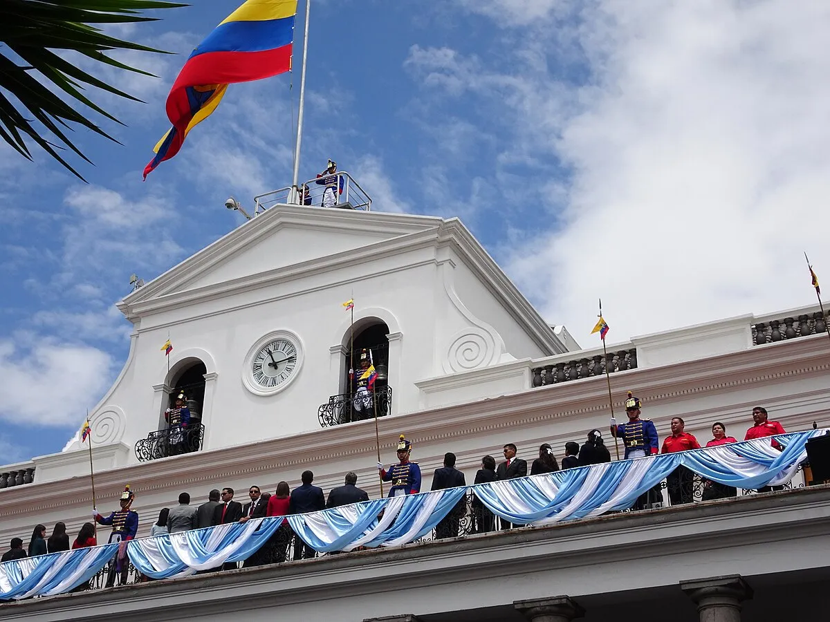 Plaza de la Independencia in the historic centre of Quito, Ecuador, with the Government Palace and cathedral facades