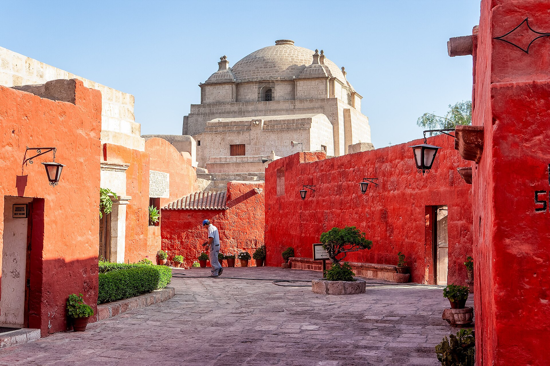 Colorful interior courtyard of the Santa Catalina Monastery in Arequipa with vibrant walls and colonial architecture
