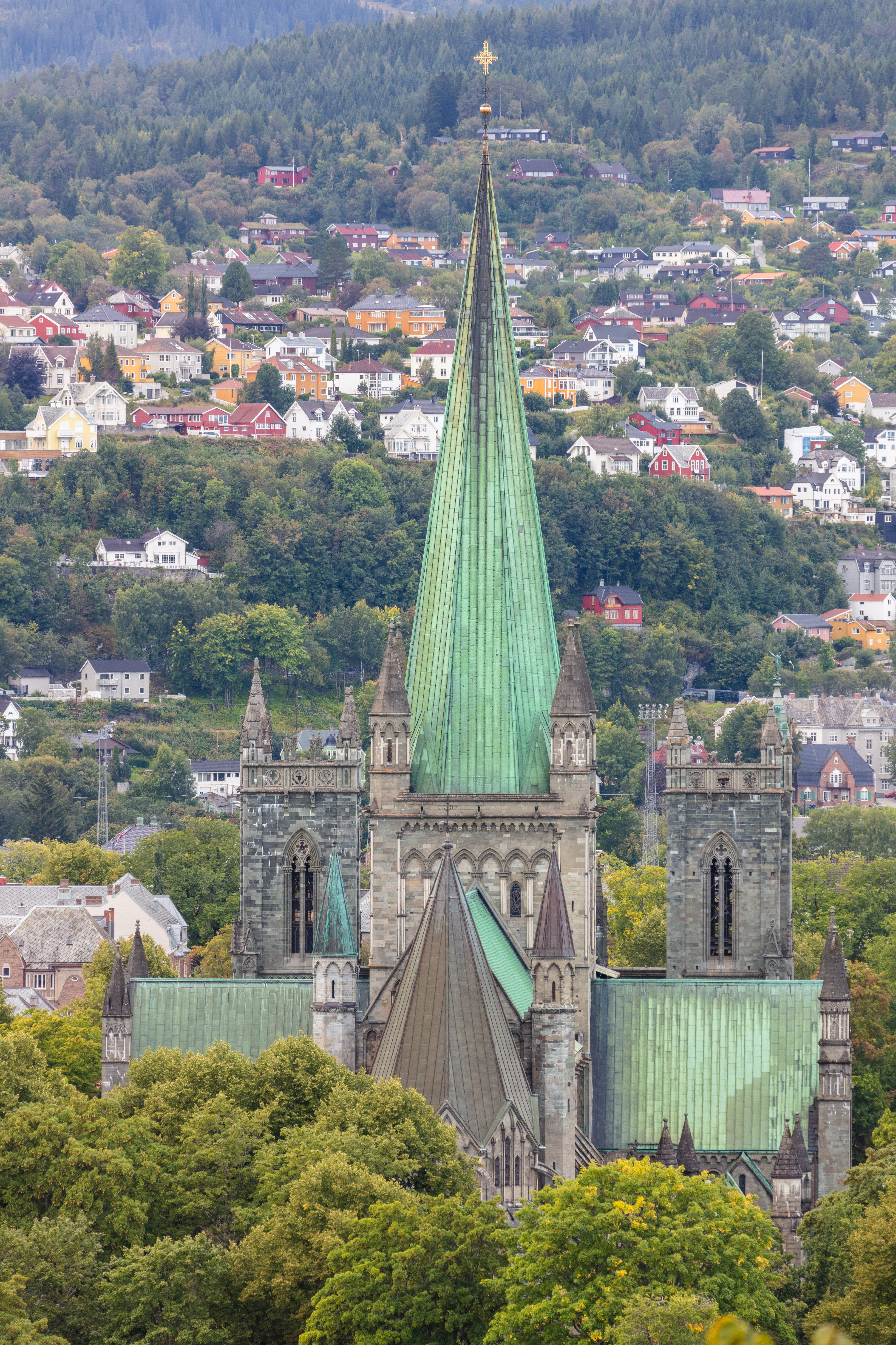 Nidaros Cathedral facade in Trondheim, Norway, with its Gothic stonework and sculpted figures
