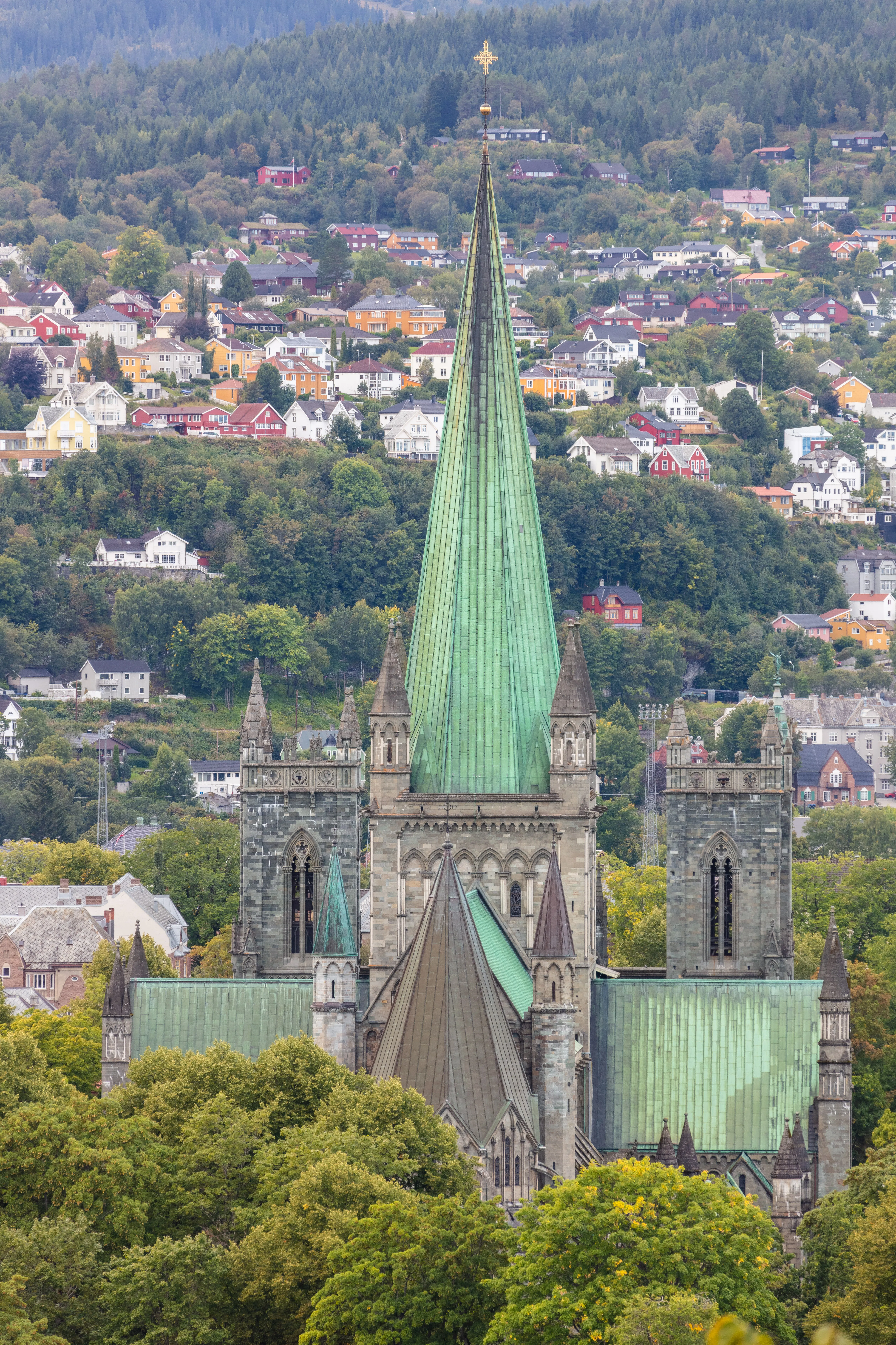 Nidaros Cathedral facade in Trondheim, Norway, with its Gothic stonework and sculpted figures