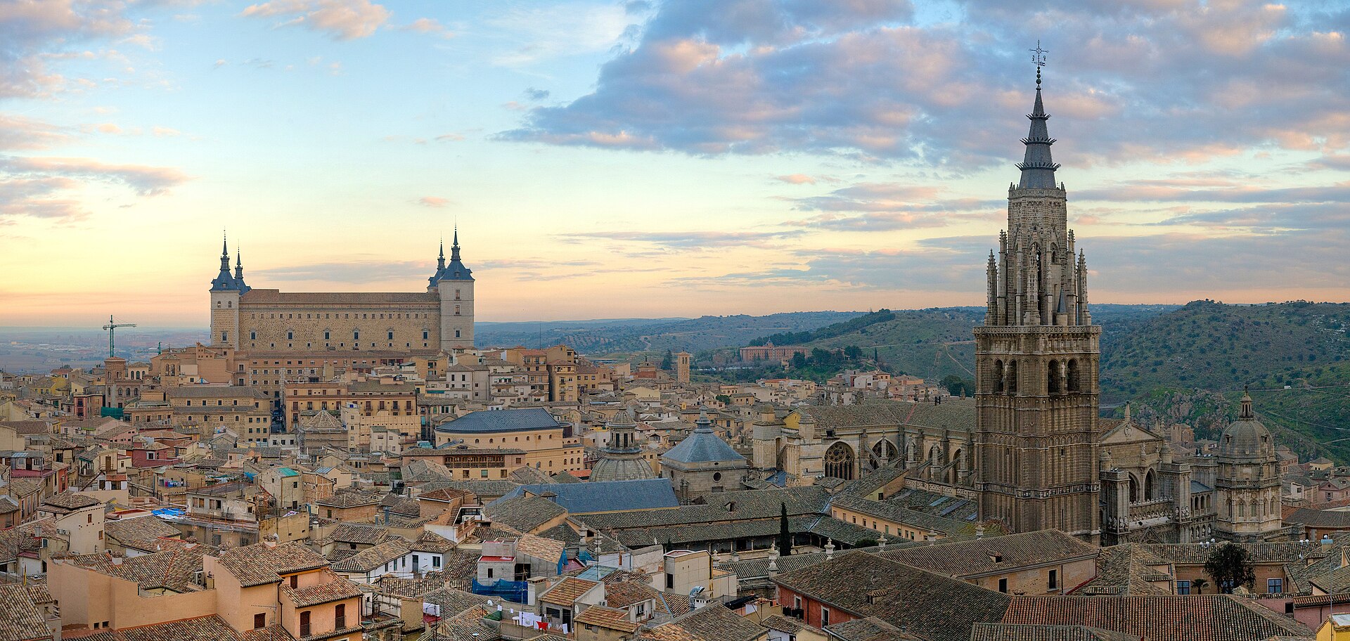 Toledo hilltop skyline panorama with the Alcázar and Cathedral rising above the Tagus River