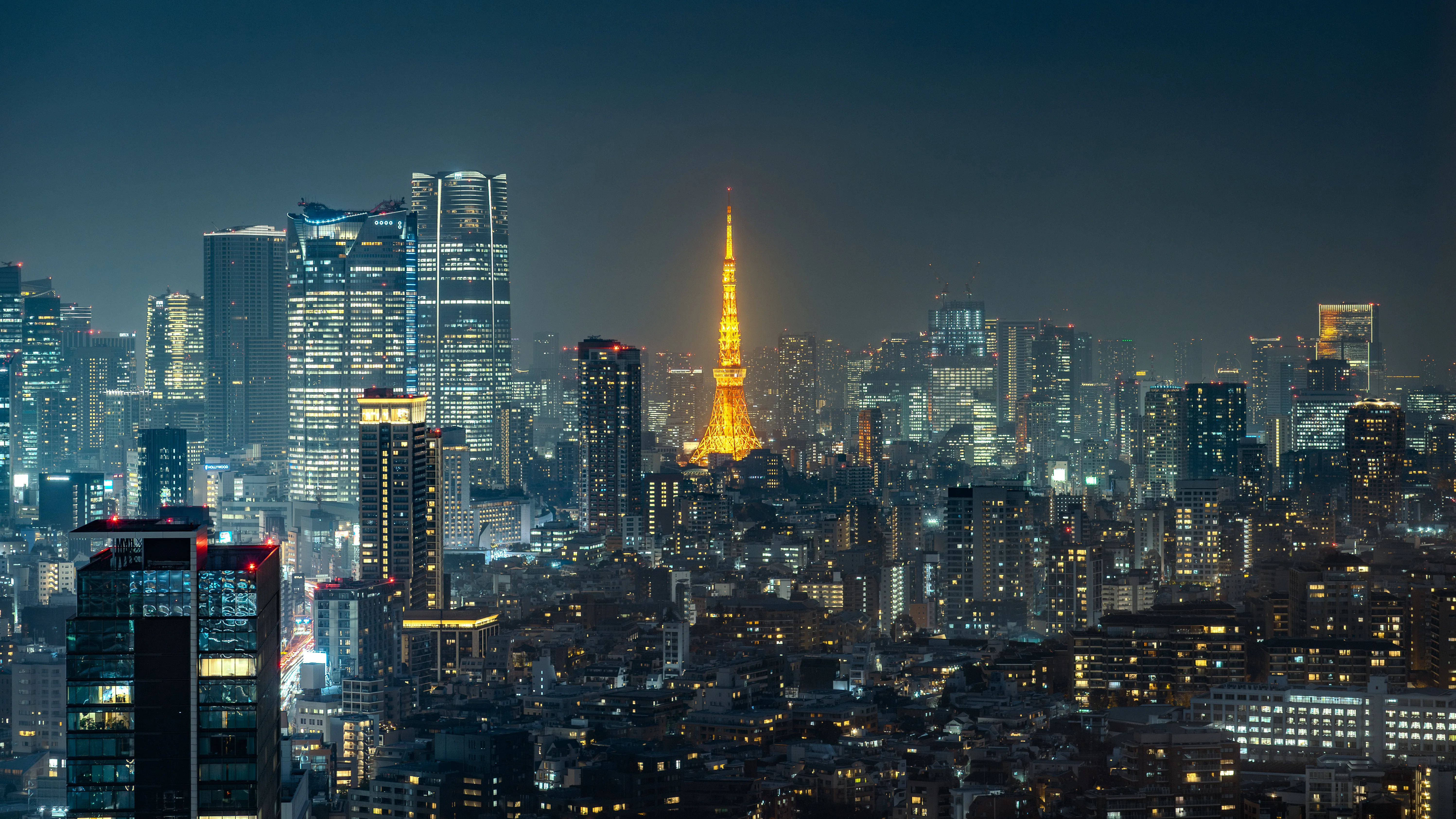 The red-and-white lattice of Tokyo Tower lit up against the evening sky in Minato City