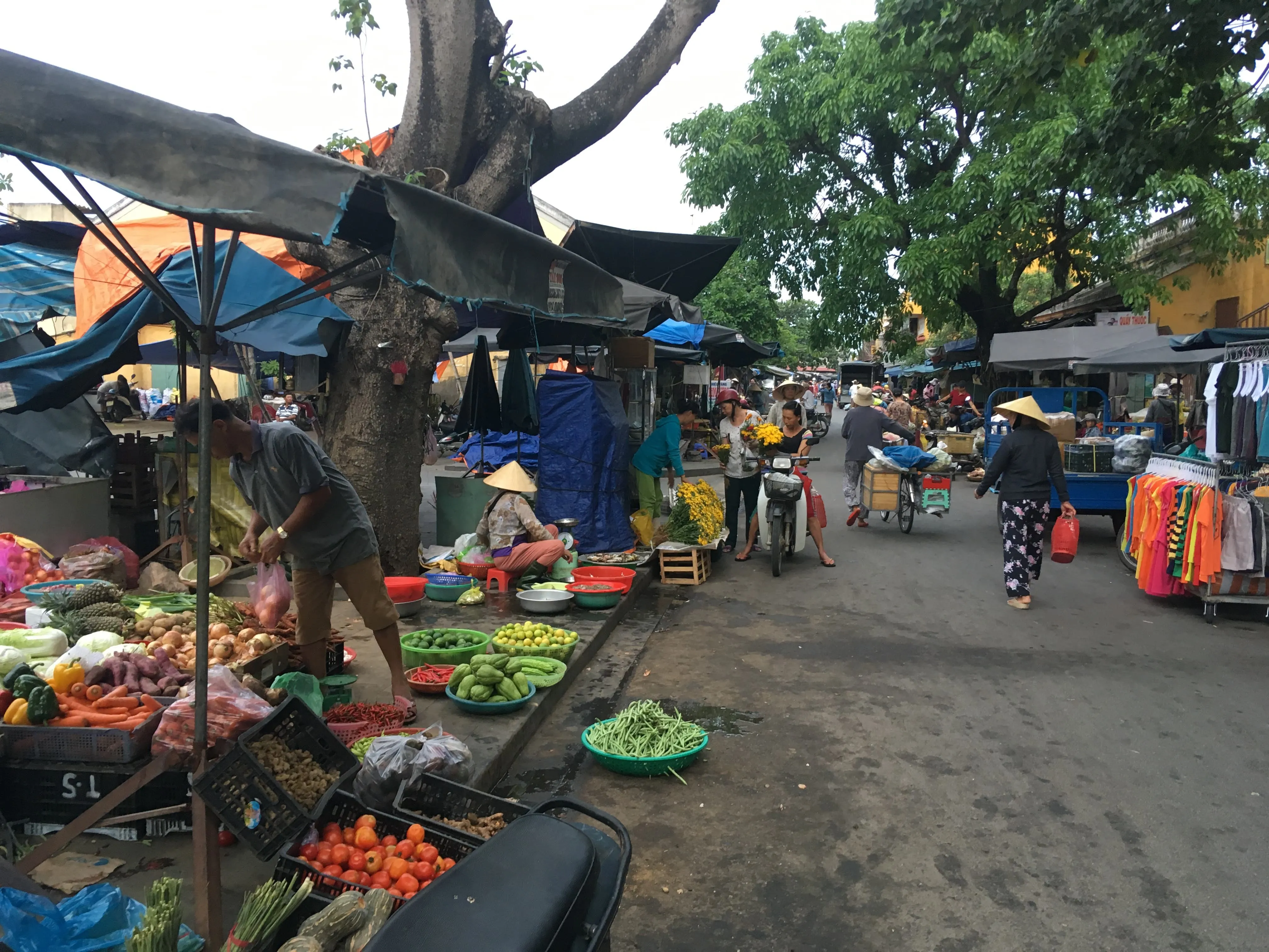 Hoi An Central Market (Cho Hoi An) with vendors selling fresh produce and goods along the Thu Bon River in Hoi An, Vietnam