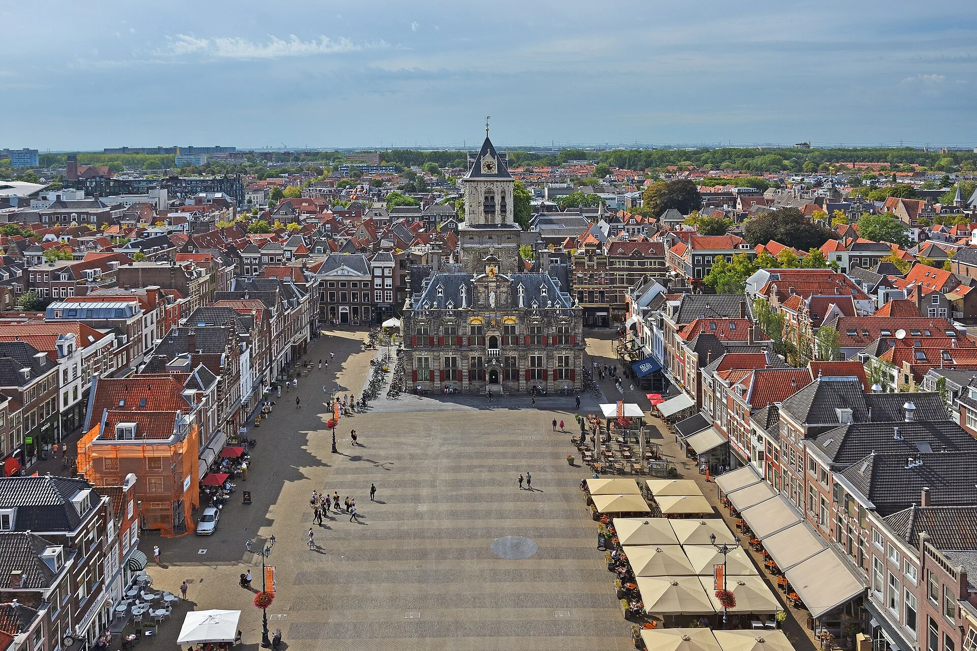 Aerial view of Delft's Markt square and Renaissance city hall