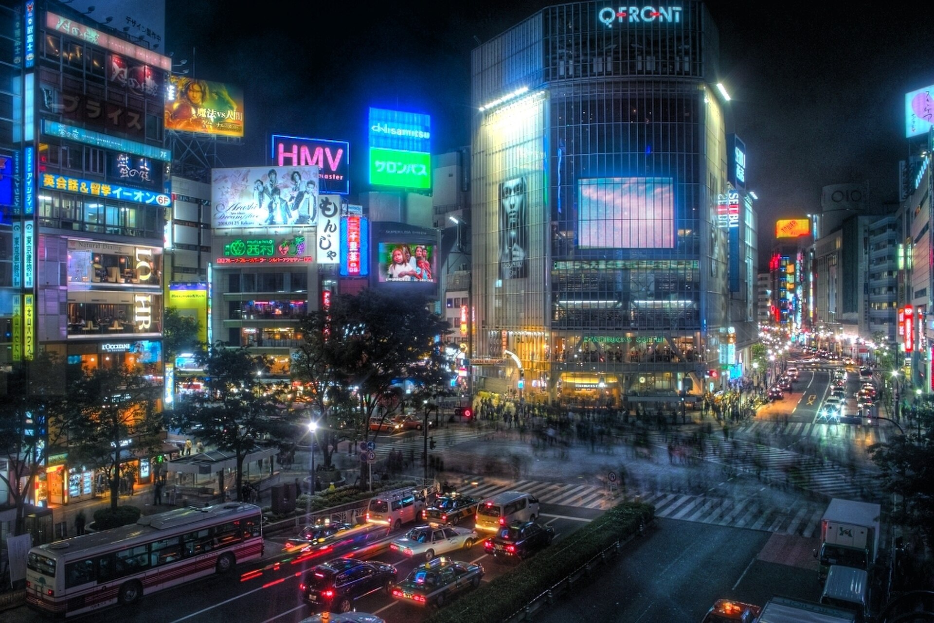 Shibuya district at night with illuminated buildings and signs