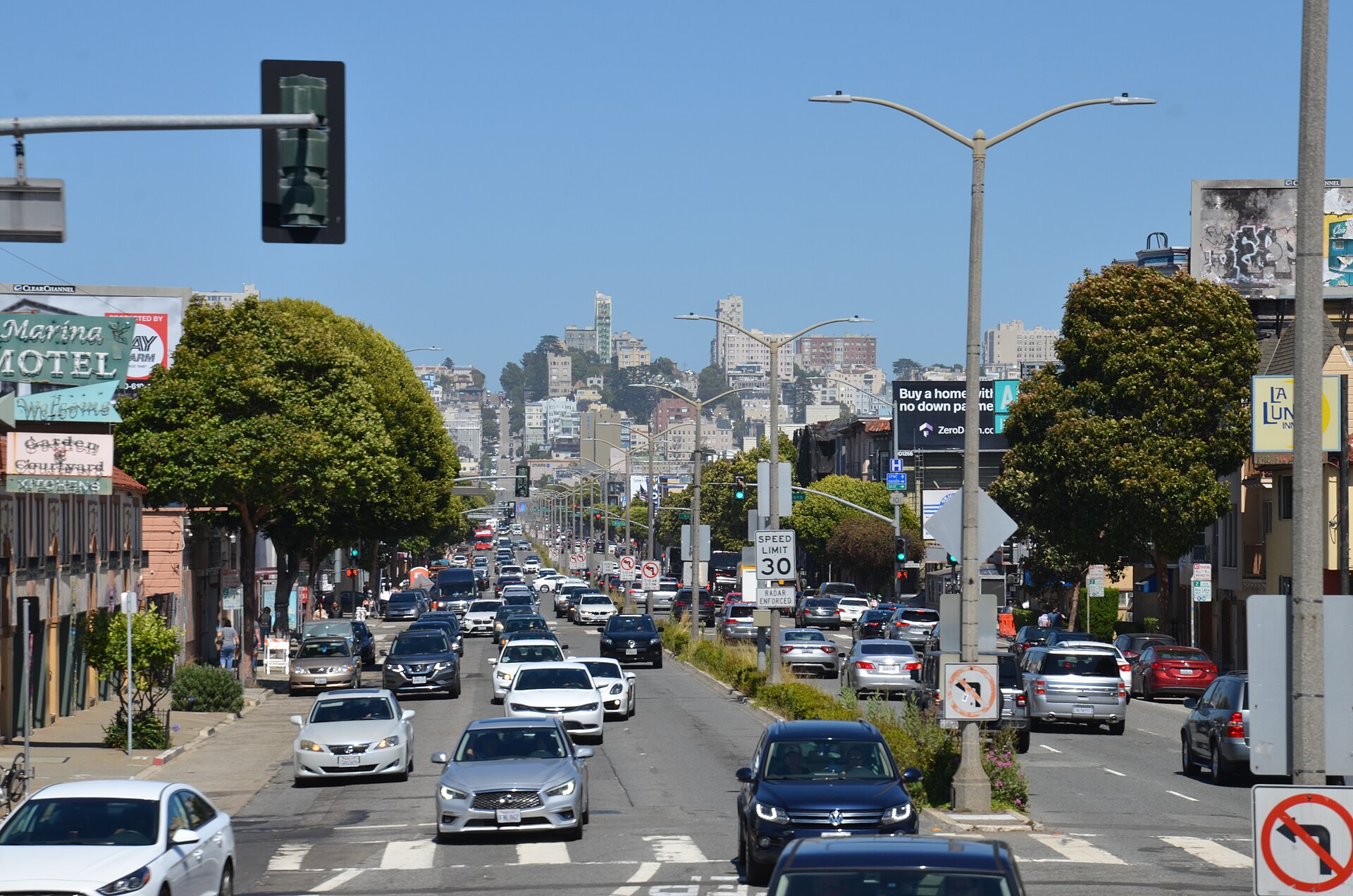 Lombard Street in San Francisco with its sharp switchback turns lined with hydrangea flowers
