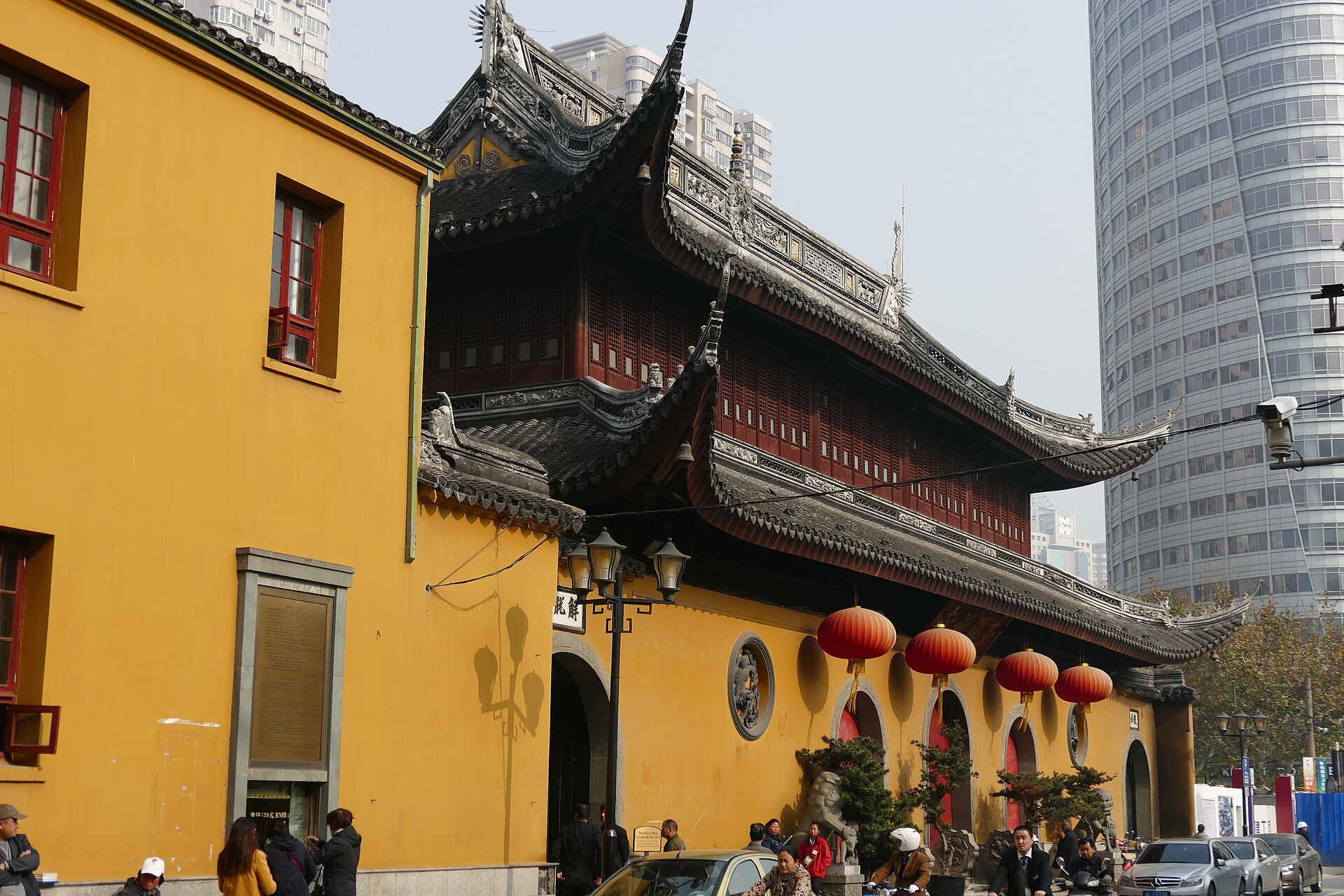 Ornate yellow facade of the Jade Buddha Temple on Anyuan Road in Shanghai