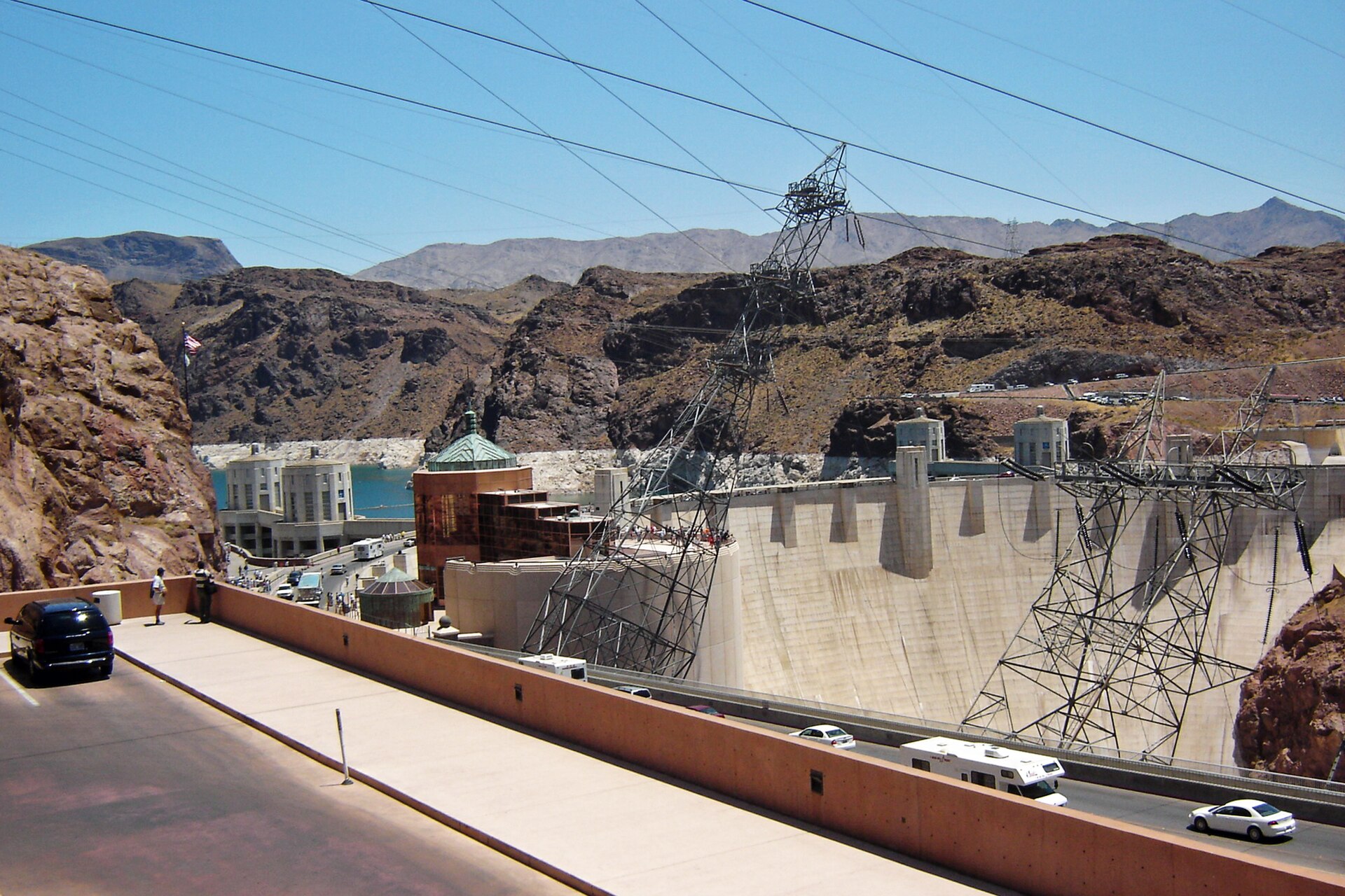 Hoover Dam viewed from the visitor parking structure between canyon walls