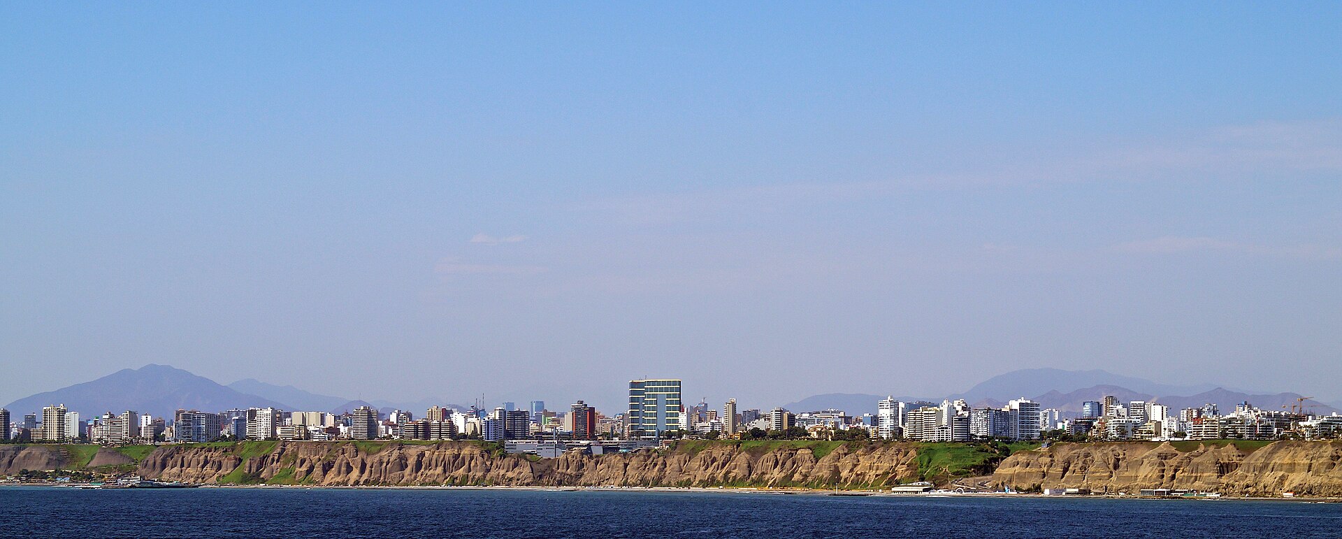 Panoramic view of the Miraflores cliffs and Costa Verde coastline along the Pacific Ocean in Lima, Peru