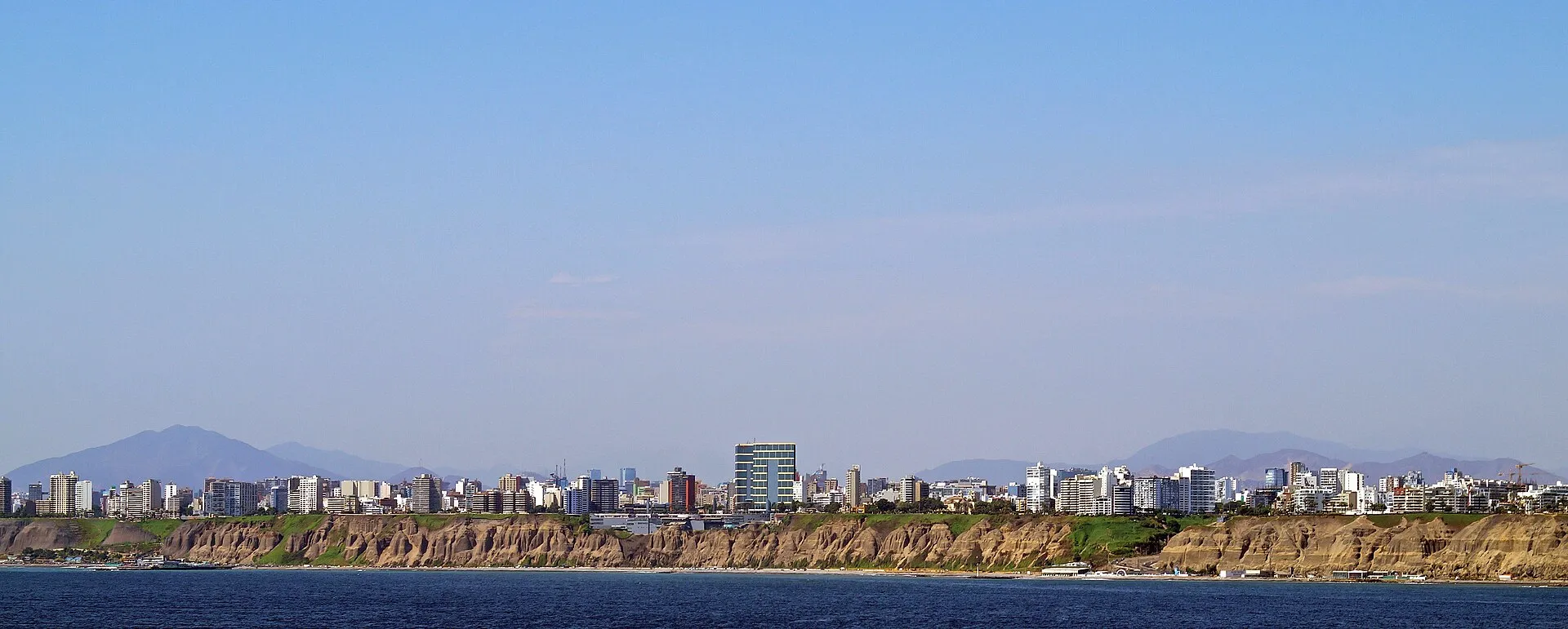 Panoramic view of the Miraflores cliffs and Costa Verde coastline along the Pacific Ocean in Lima, Peru