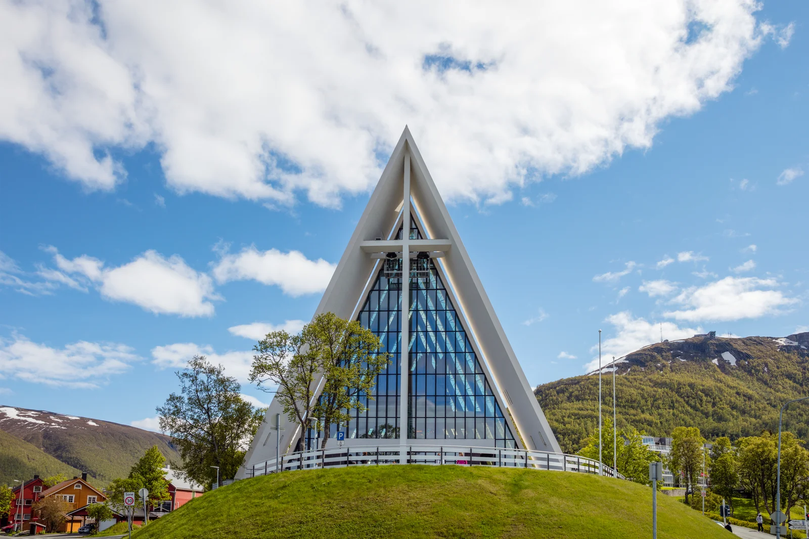 The triangular white peaks of the Arctic Cathedral in Tromsdalen, Tromsø