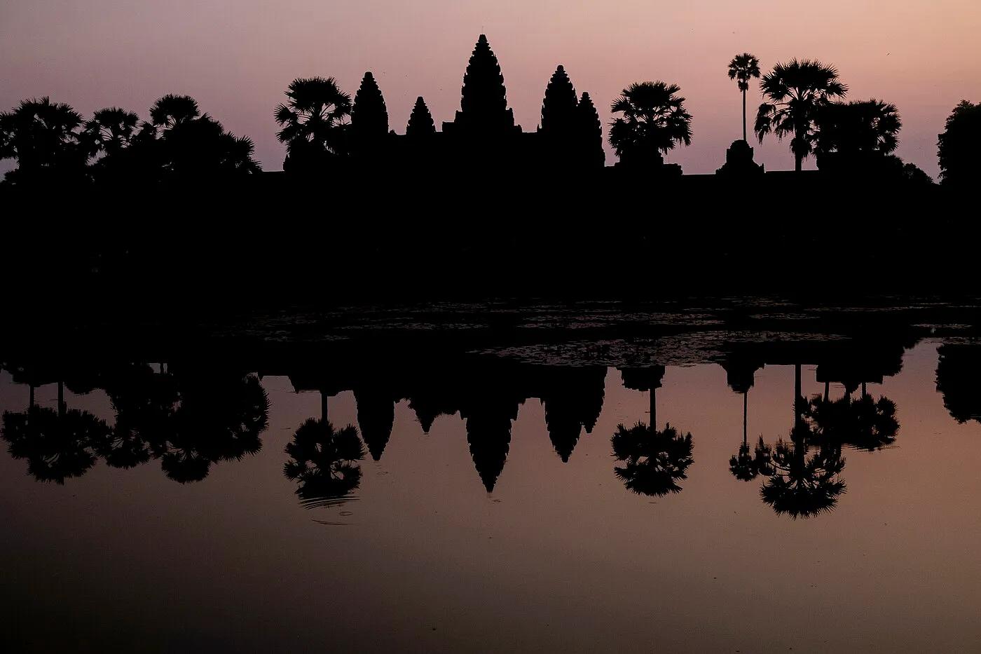 Angkor Wat temple towers reflected in the moat at sunrise, Siem Reap, Cambodia