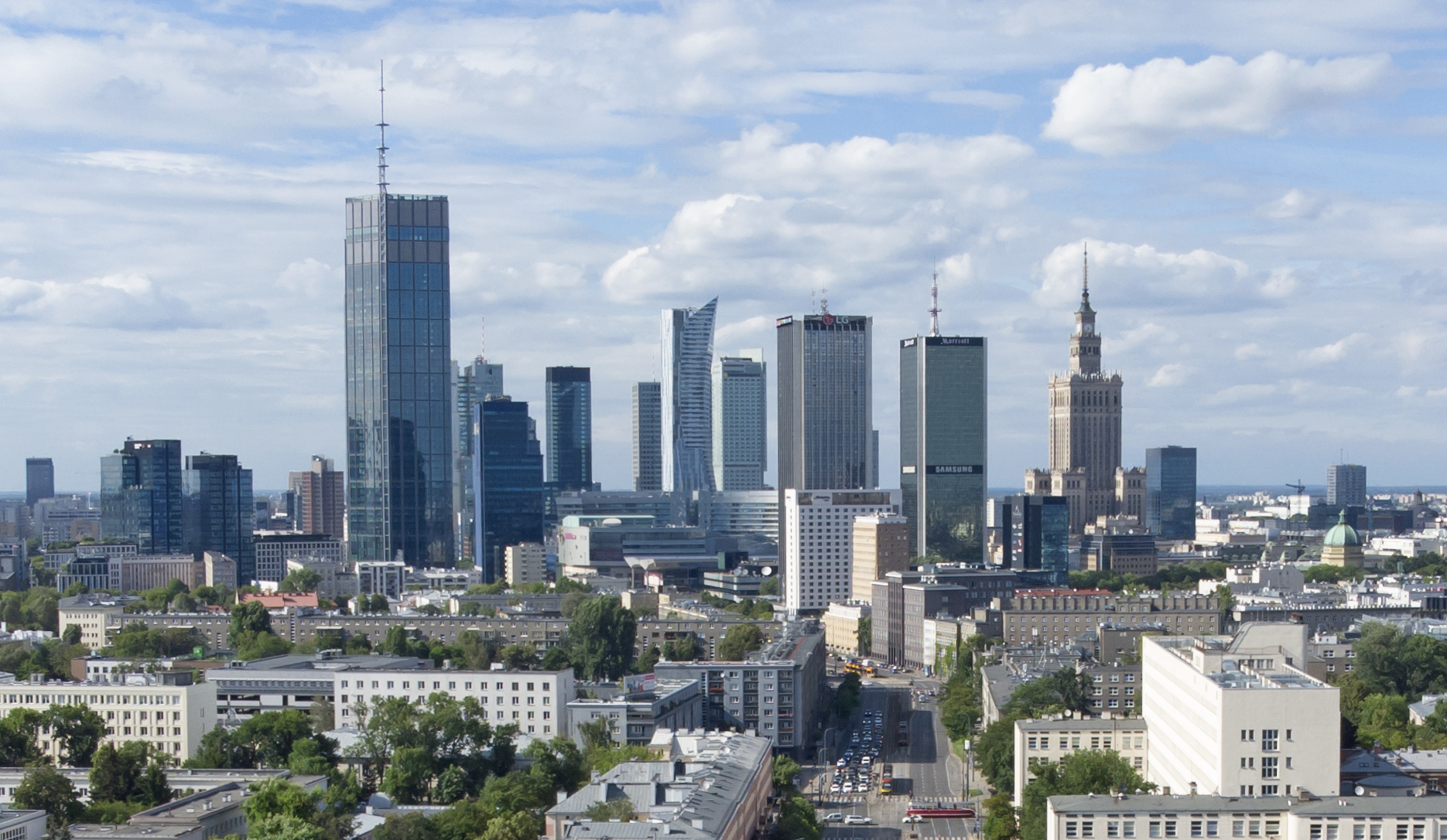 Warsaw city panorama with Old Town and modern skyline viewed from the Palace of Culture and Science