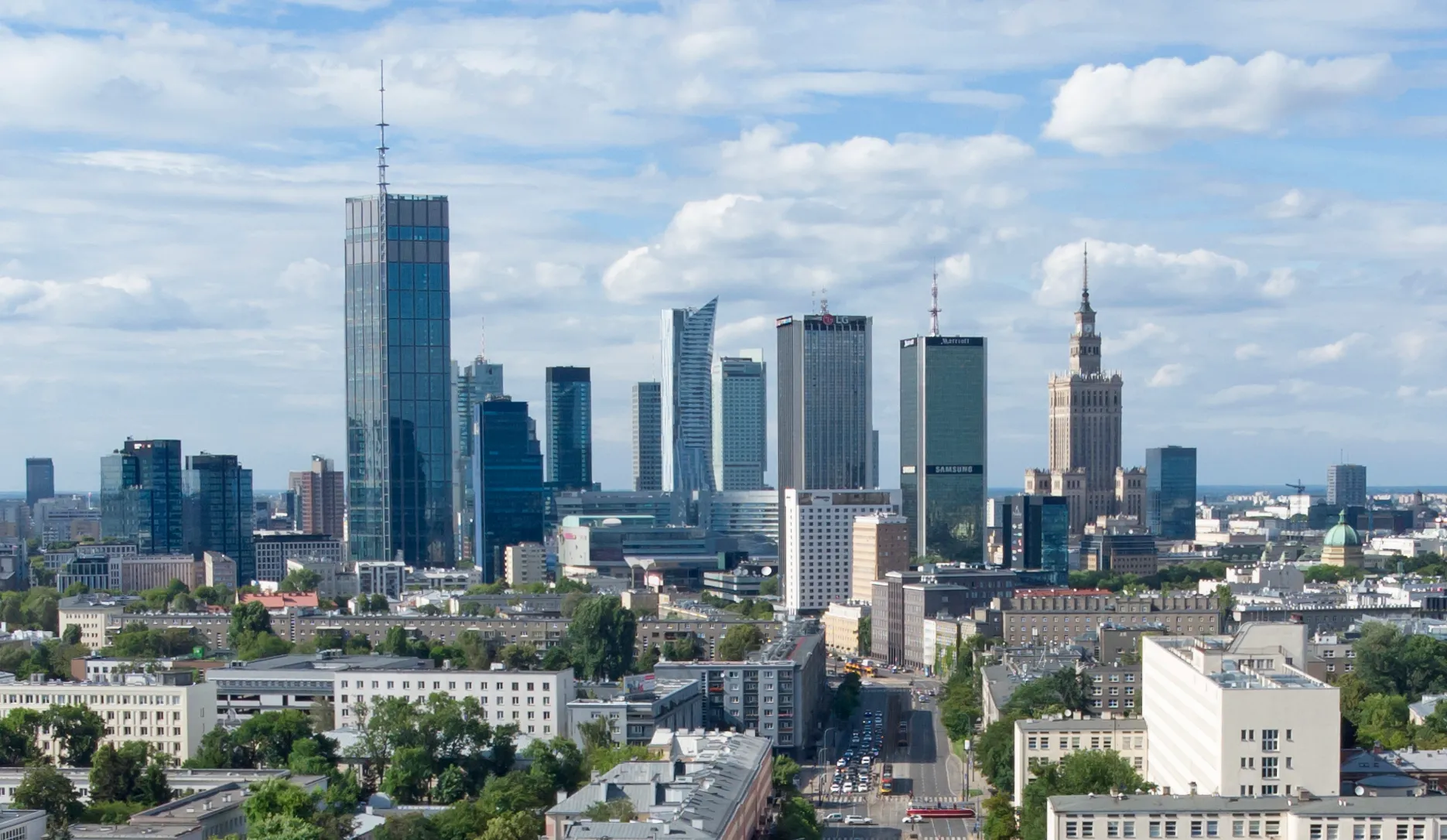 Warsaw city panorama with Old Town and modern skyline viewed from the Palace of Culture and Science