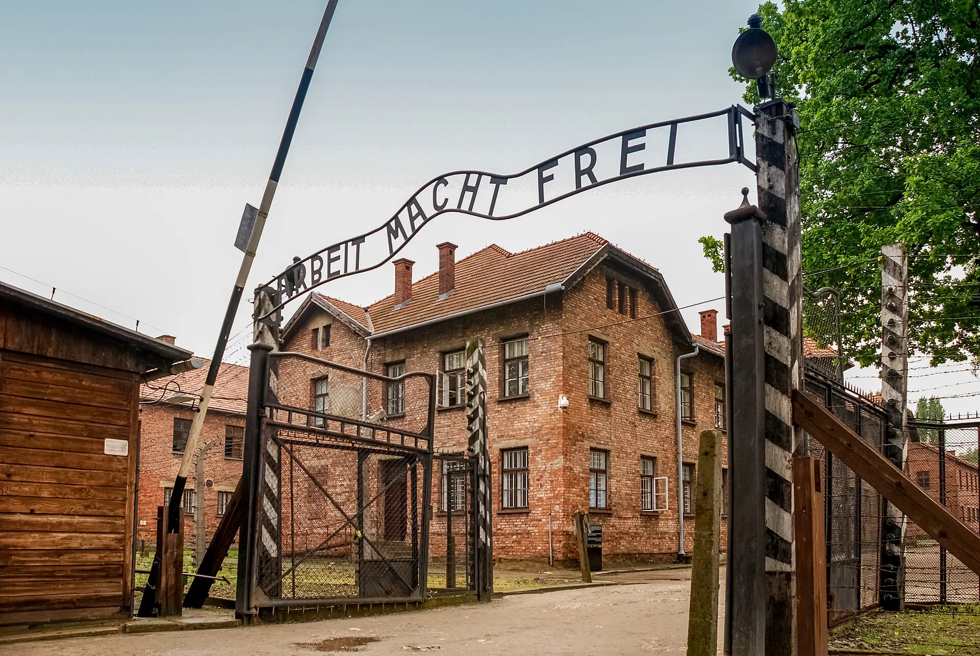 The main gate and entrance building of Auschwitz I concentration camp, Poland