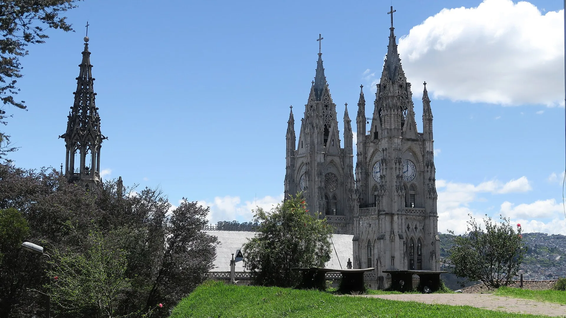 Basílica del Voto Nacional Neo-Gothic facade and twin towers viewed from the street in central Quito