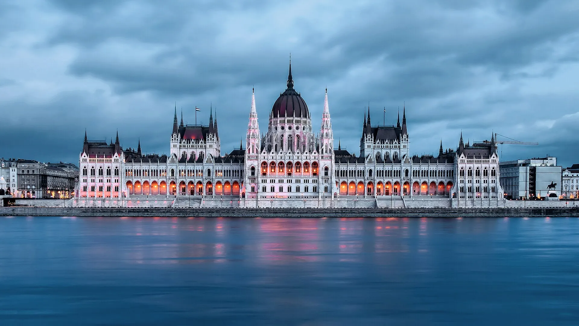 Hungarian Parliament Building from the Danube at dusk, Budapest