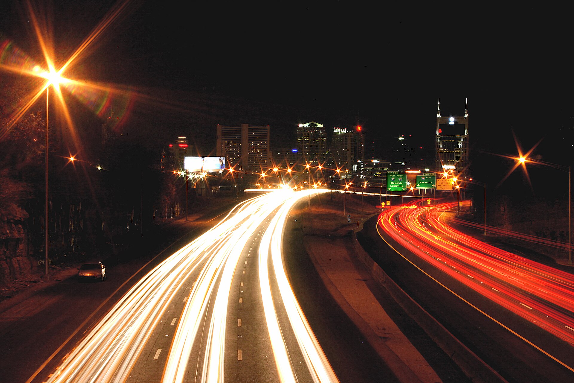 Nashville, Tennessee skyline at night from the I-65 interchange
