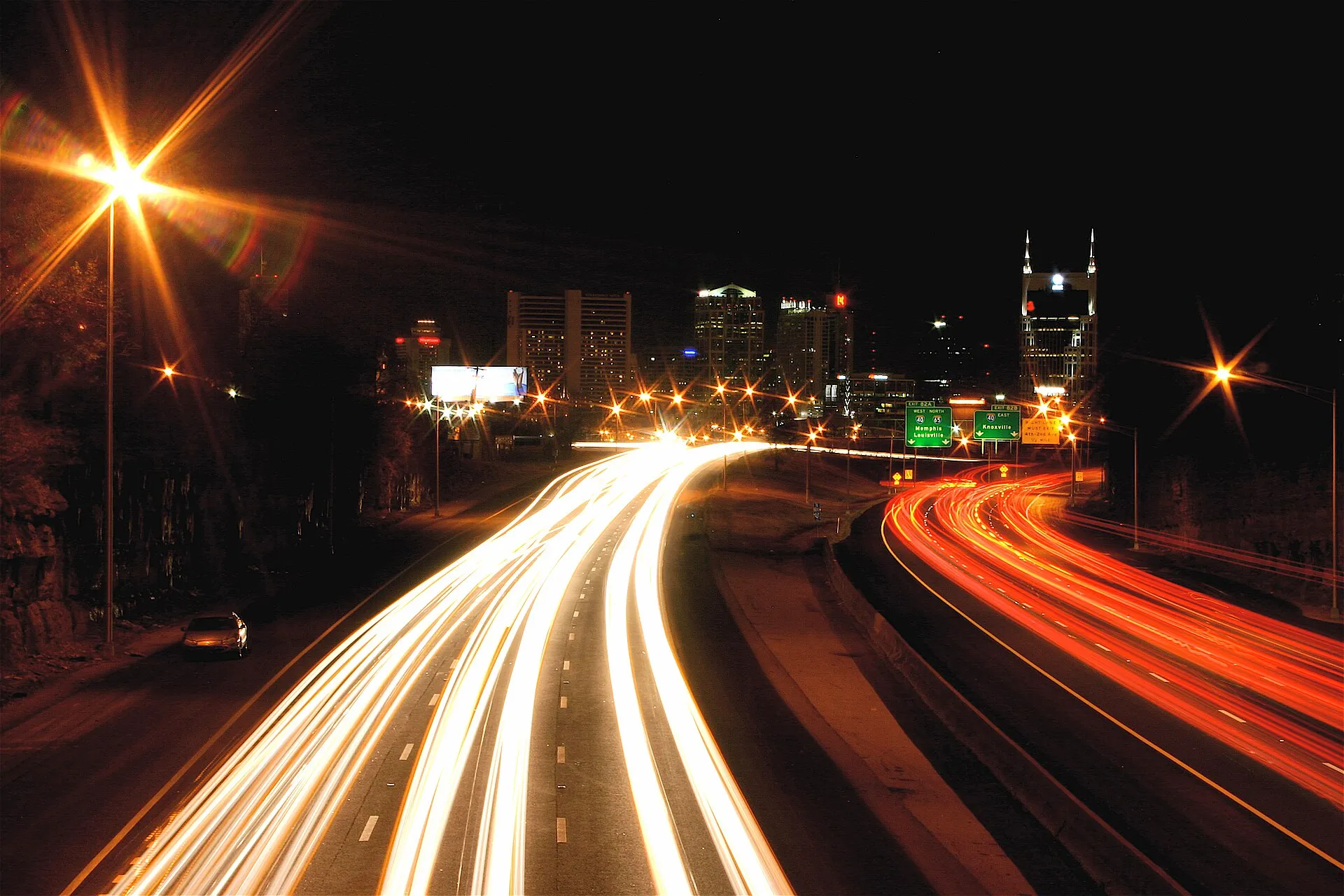 Nashville, Tennessee skyline at night from the I-65 interchange