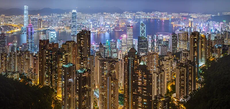 Hong Kong Victoria Harbour at night with the Kowloon and Hong Kong Island skylines