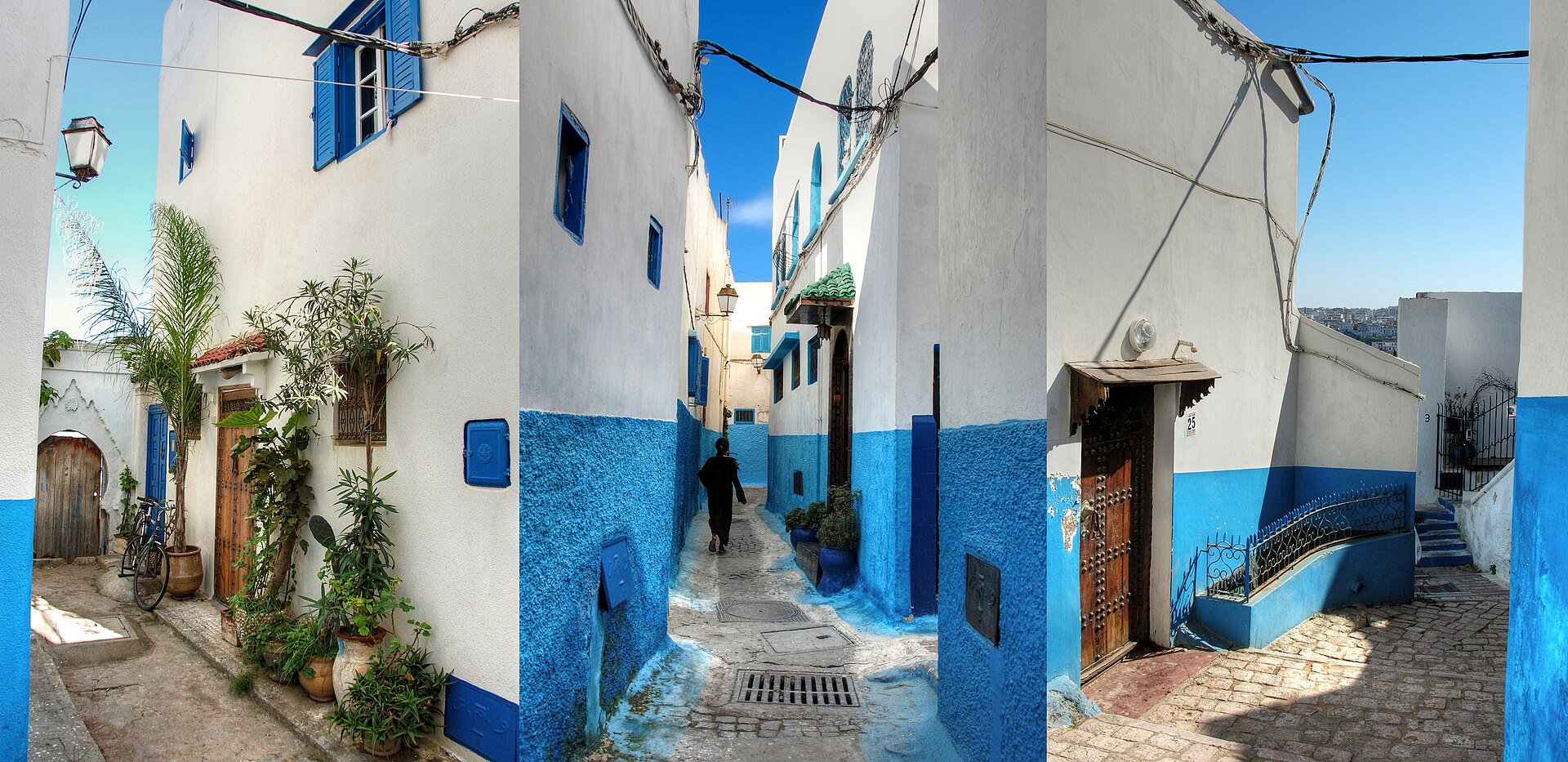 Blue and white painted streets inside the Kasbah of the Udayas in Rabat