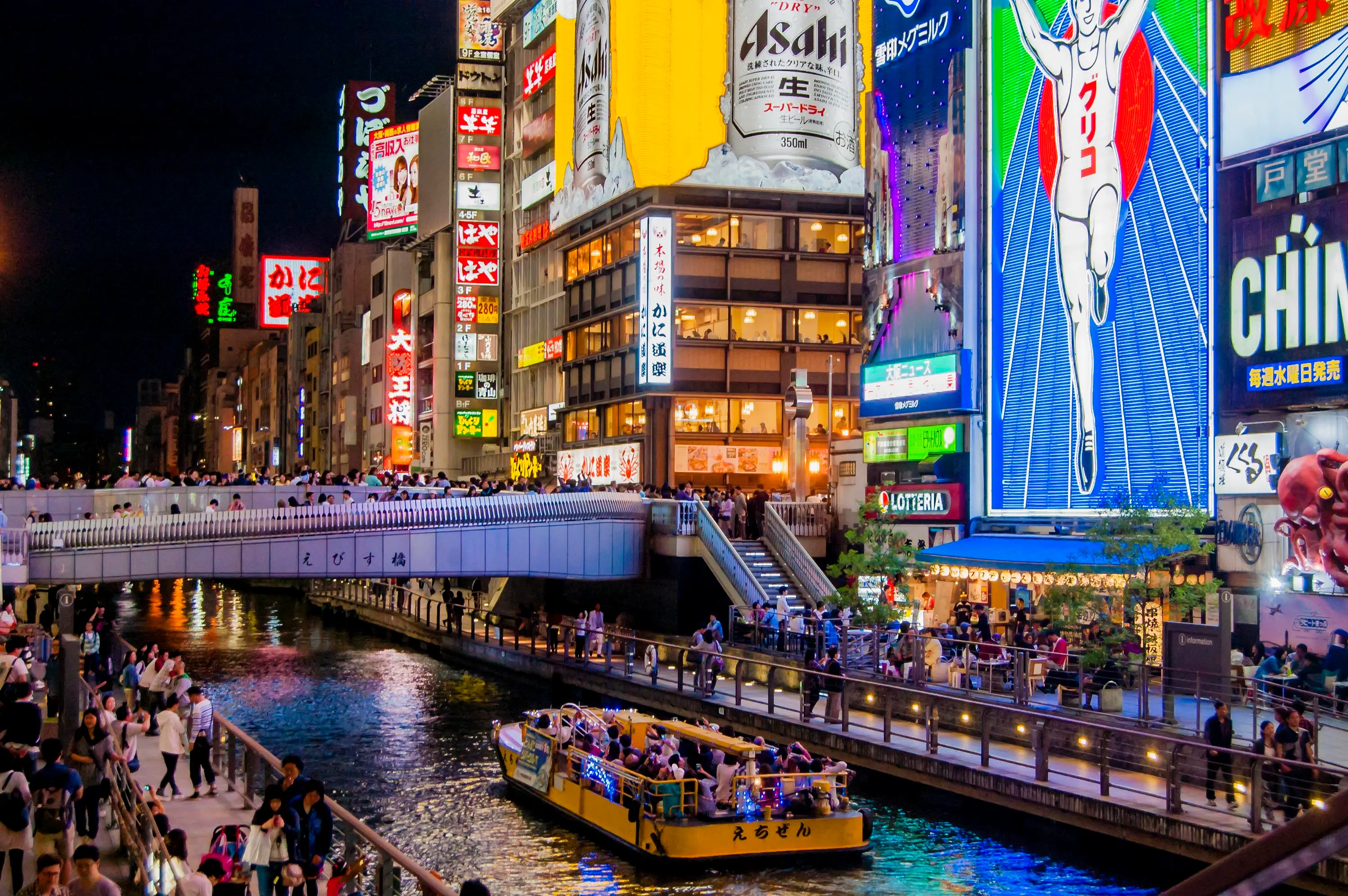 Crowds on the Ebisubashi bridge before the illuminated Glico running-man sign in Dotonbori, Osaka