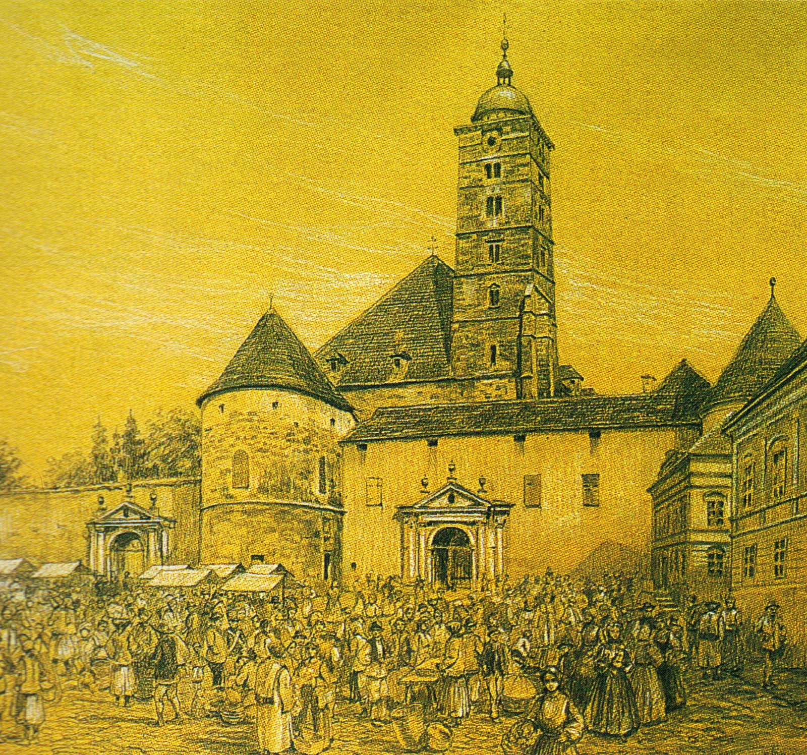 Une vue historique de la cathédrale de Zagreb avant le séisme de 1880, montrant son ancien clocher unique et ses murailles Renaissance