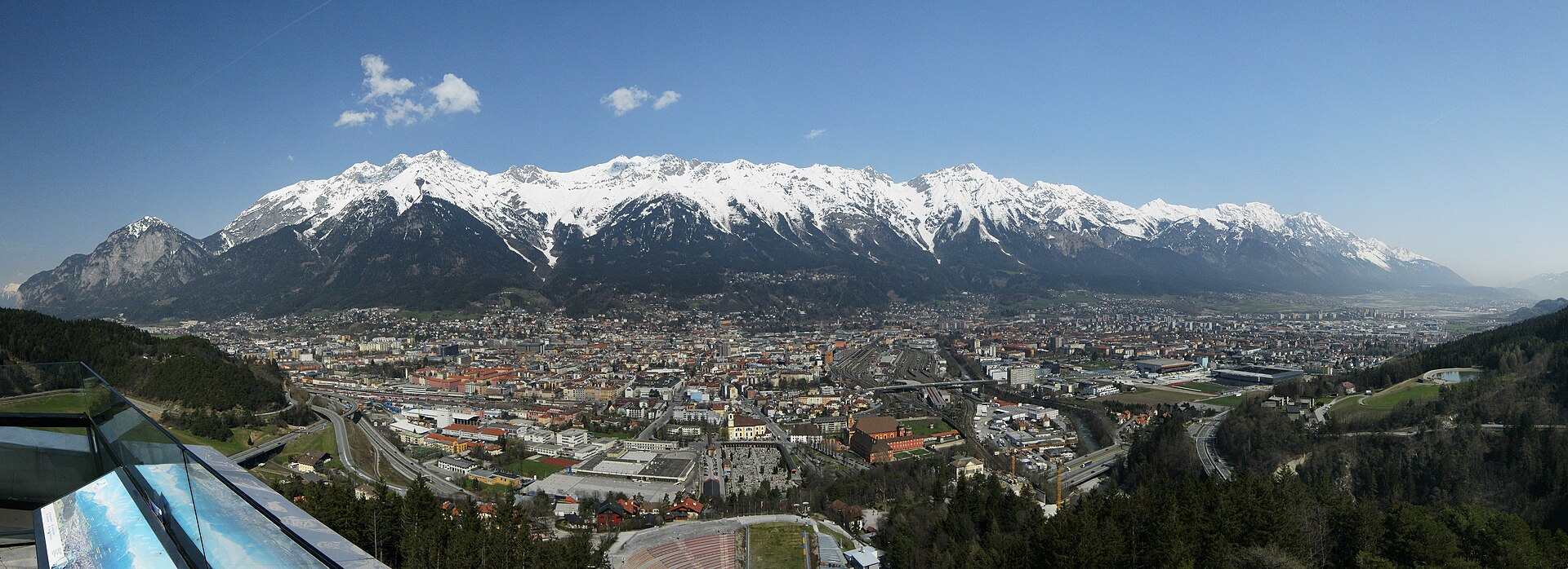 Mountain panorama from the Nordkette above Innsbruck showing peaks of the Karwendel range and the Inn Valley below