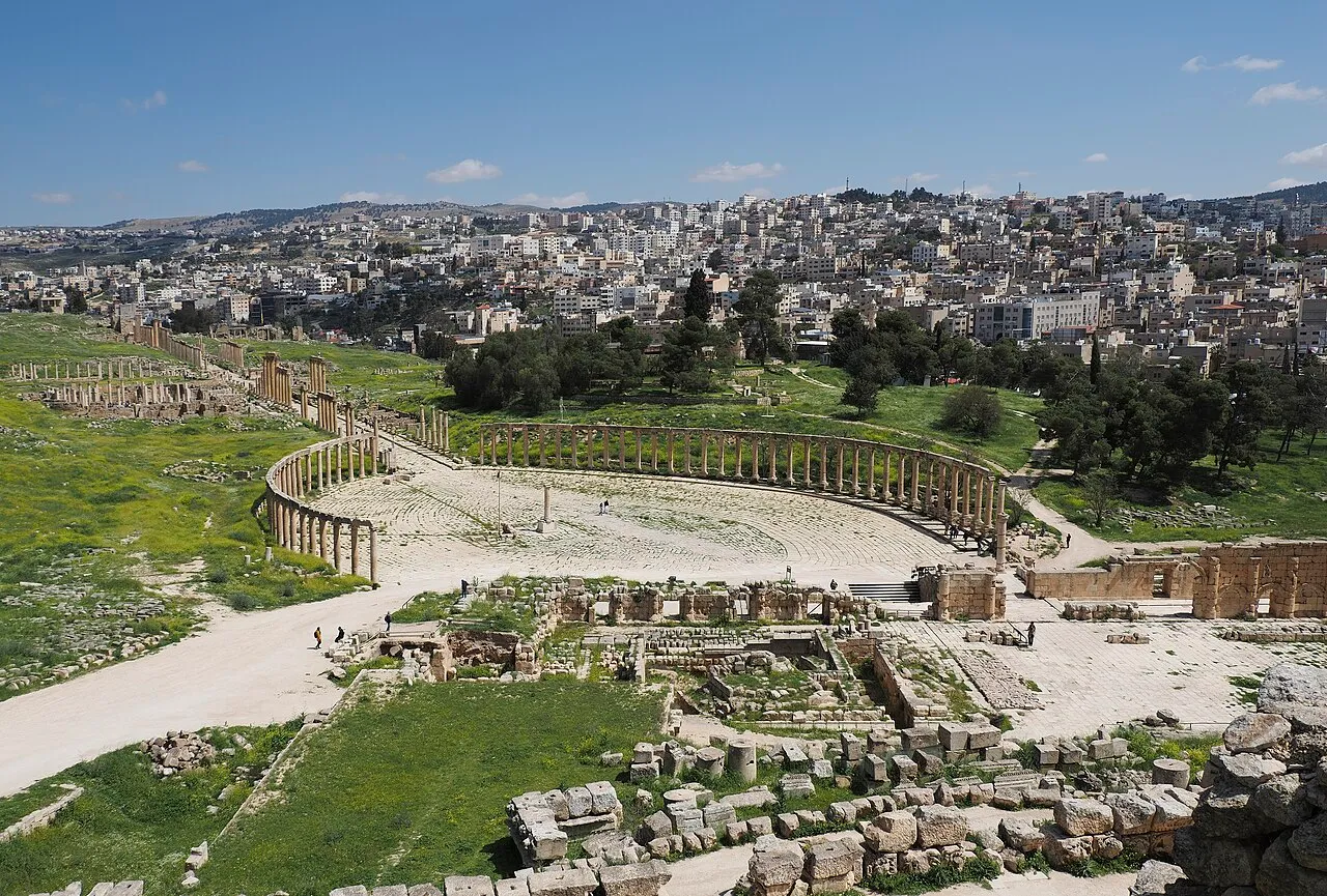 The Oval Plaza (Forum Romanum) at Jerash with its colonnaded streets and ancient Roman ruins in Jordan