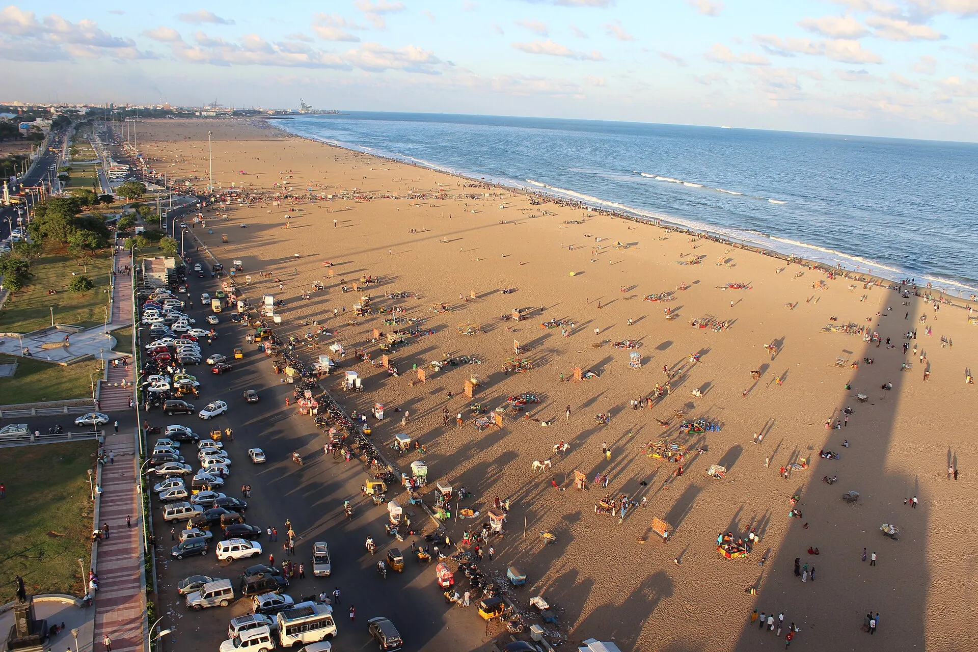 Aerial view of Marina Beach stretching along the Bay of Bengal in Chennai