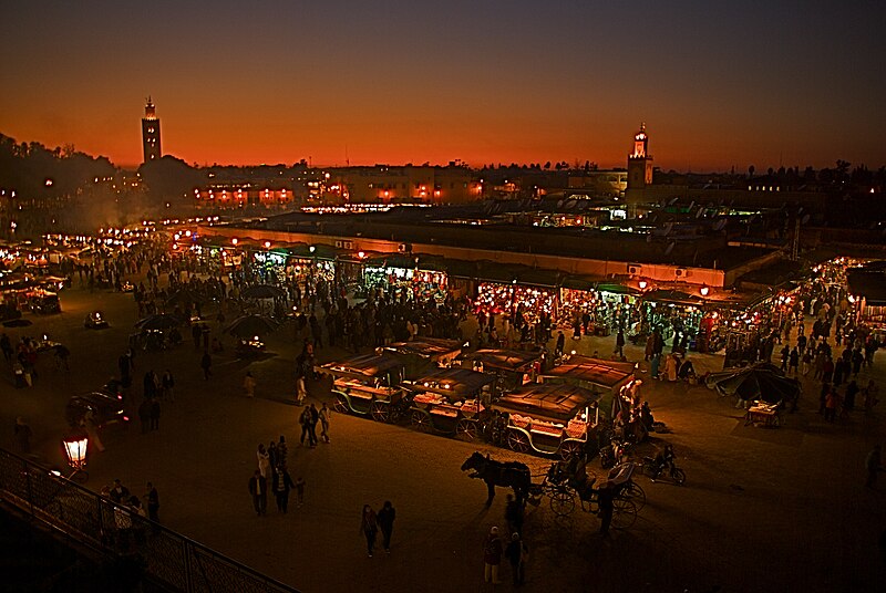 Jemaa el-Fnaa market square in Marrakech at night