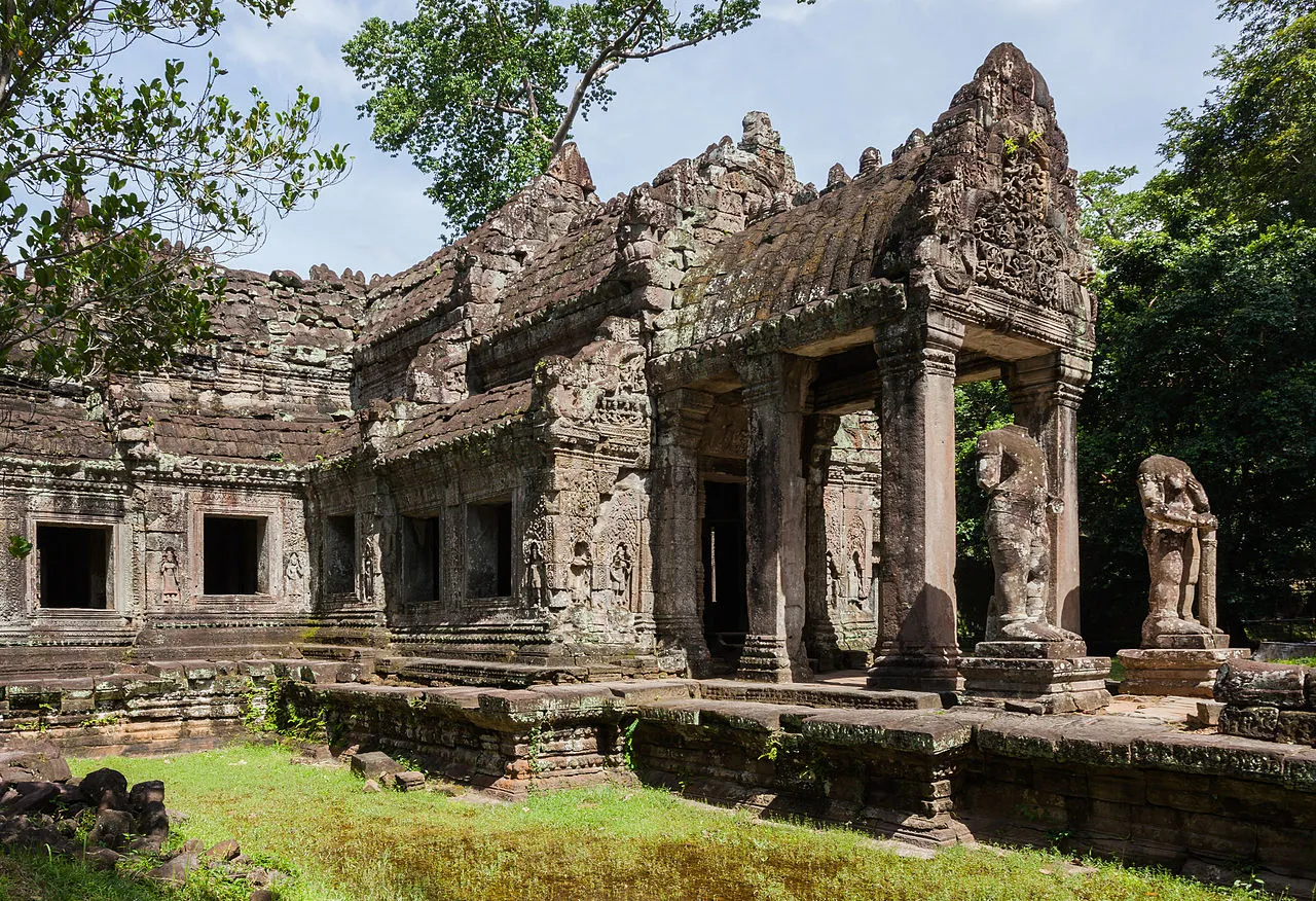 Atmospheric stone passageway through Preah Khan temple at Angkor, Cambodia