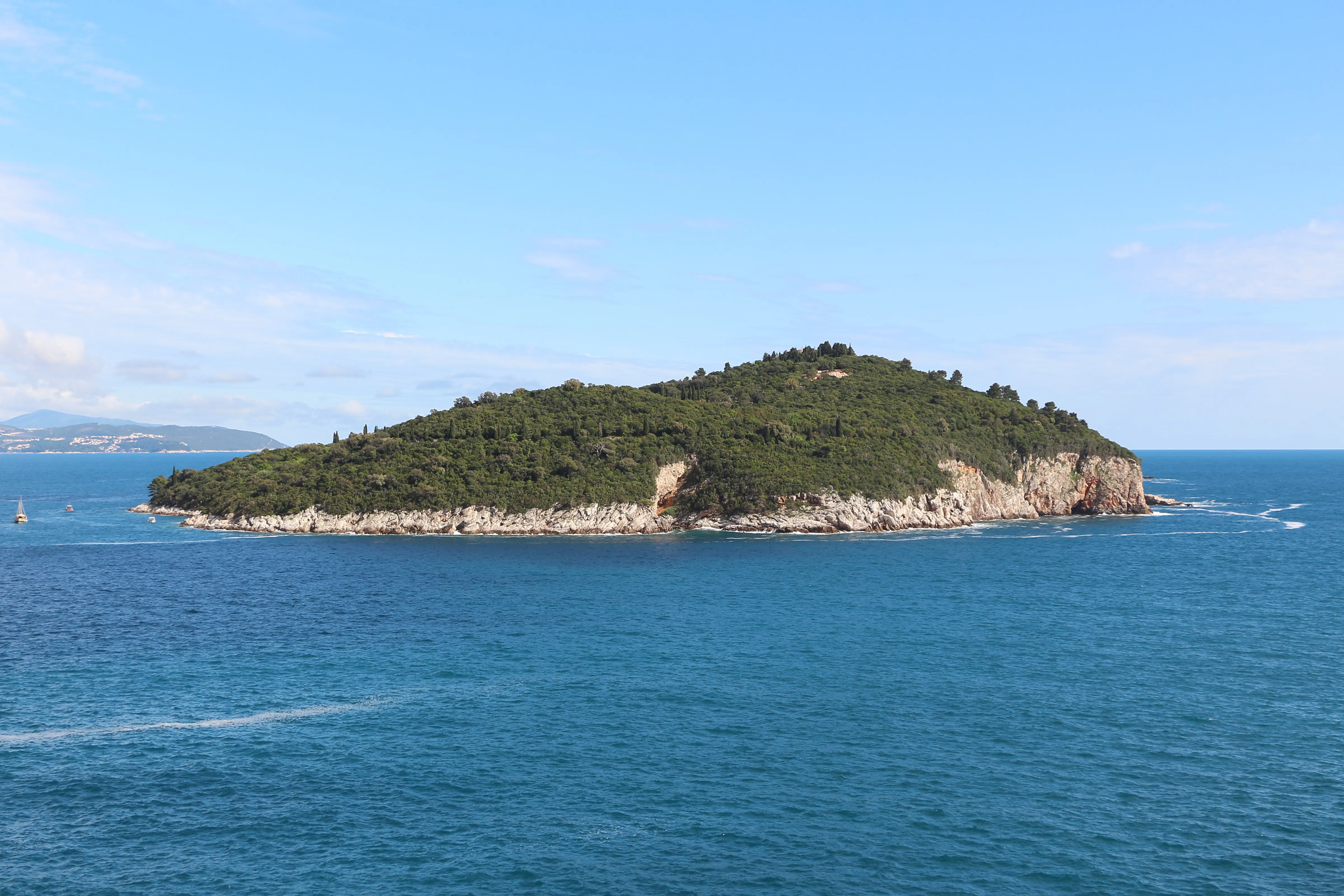 The forested shoreline and rocky coves of Lokrum Island in the Adriatic near Dubrovnik