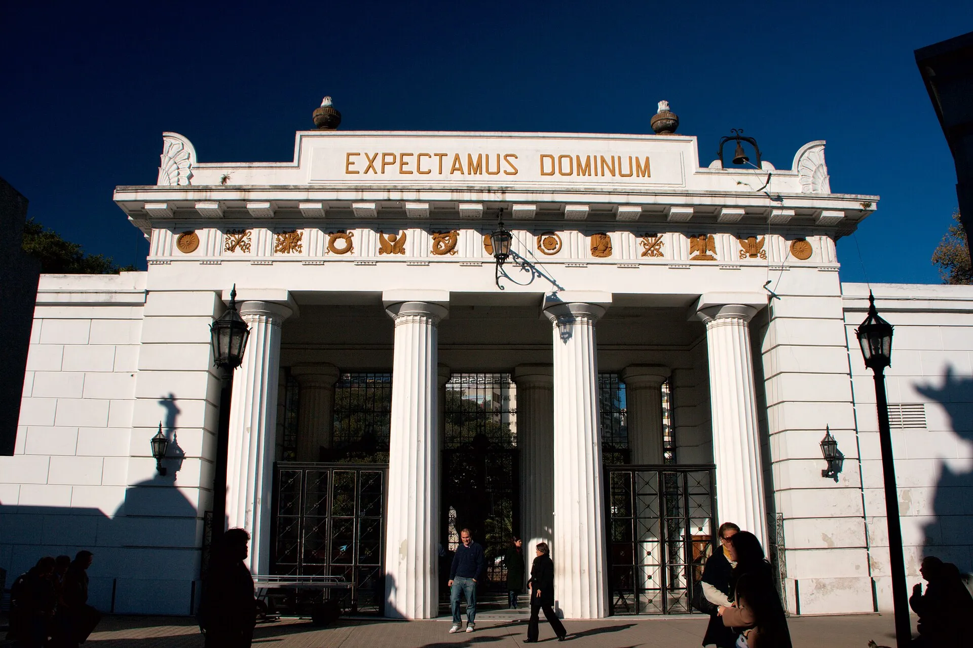 Neoclassical columned entrance portico and gate of Recoleta Cemetery